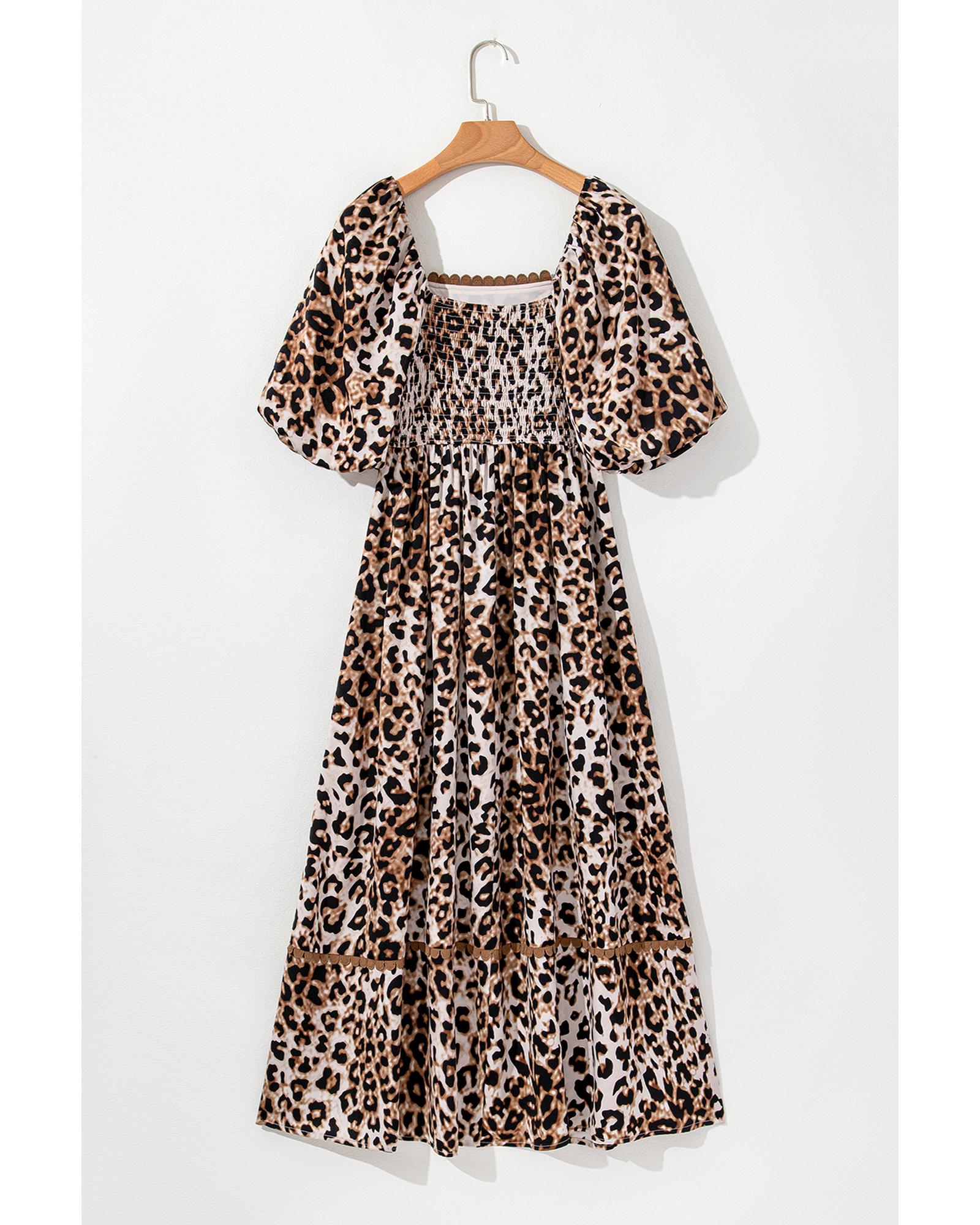 V539-AZEXDC6122827-P1720-S-202506190045-00 Brown Leopard Print Bubble Sleeve Square Neck Maxi Dress - S - Image 1