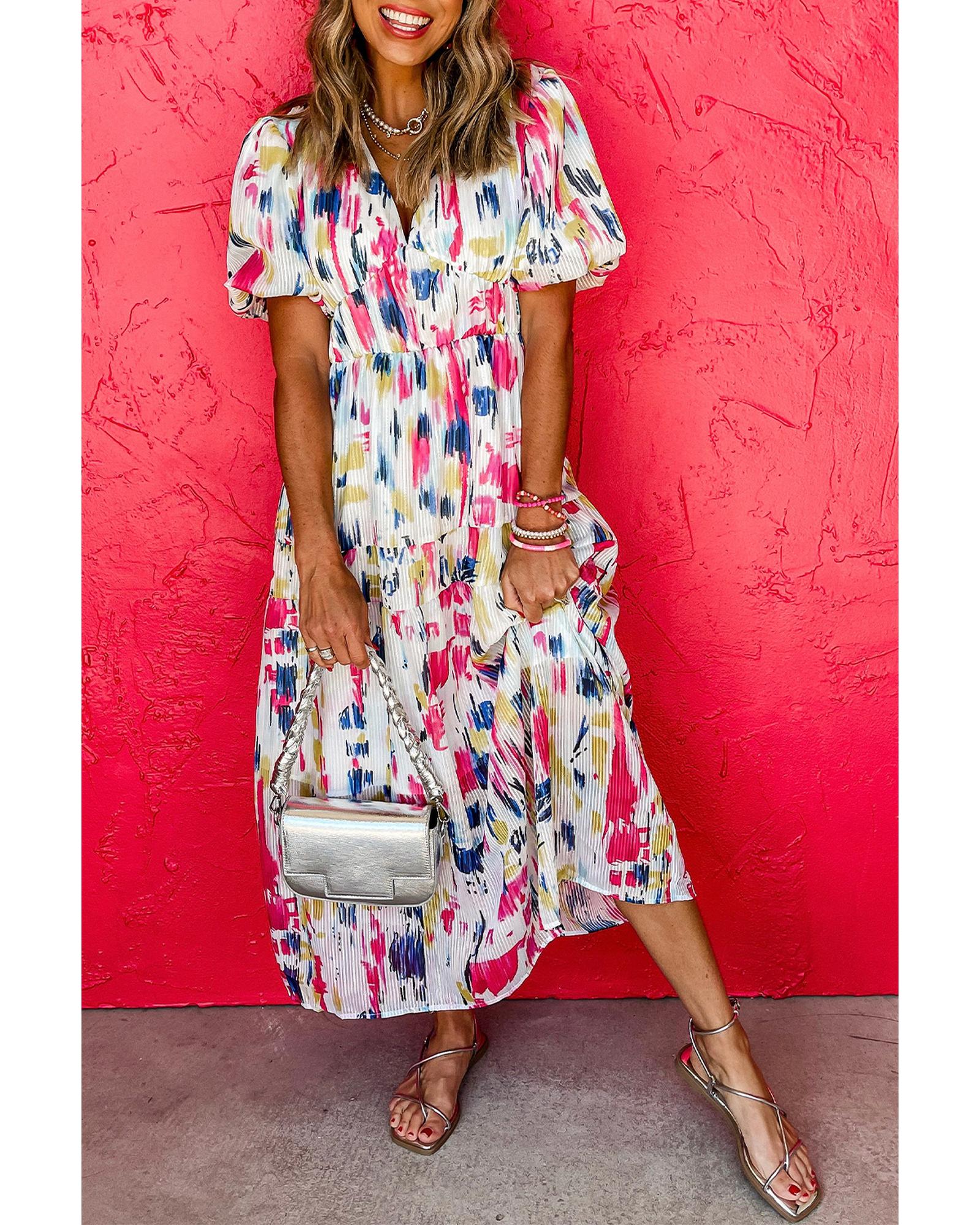 V539-AZEXDC6122942-P620-XL-202508282340-00 Rose Abstract Print Short Puff Sleeve Tiered Maxi Dress - XL - Image 1