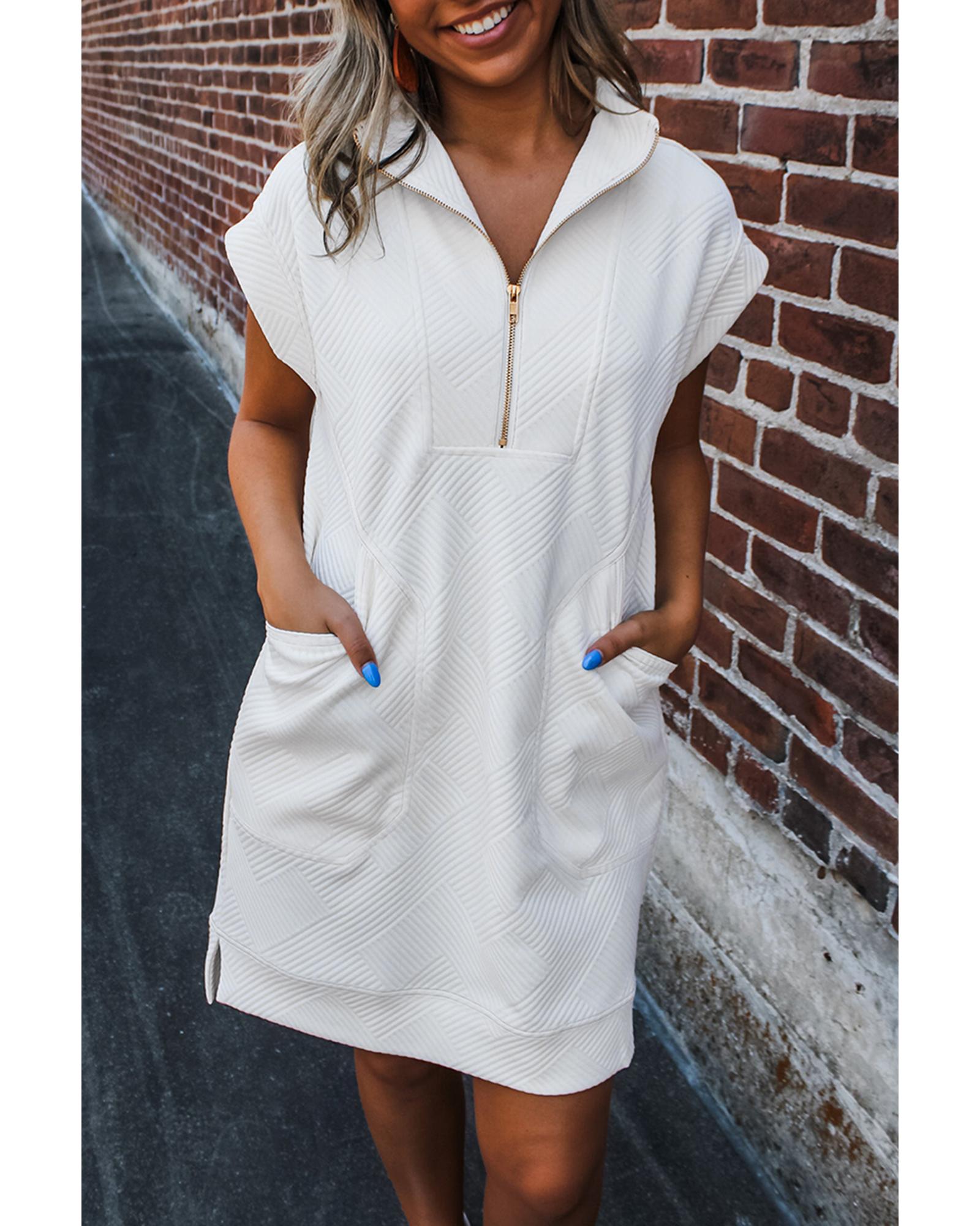 V539-AZEXDC6122988-P1-S-202506141836-00 White Textured Half Zip Collared Cap Sleeve Mini Dress - S - Image 1