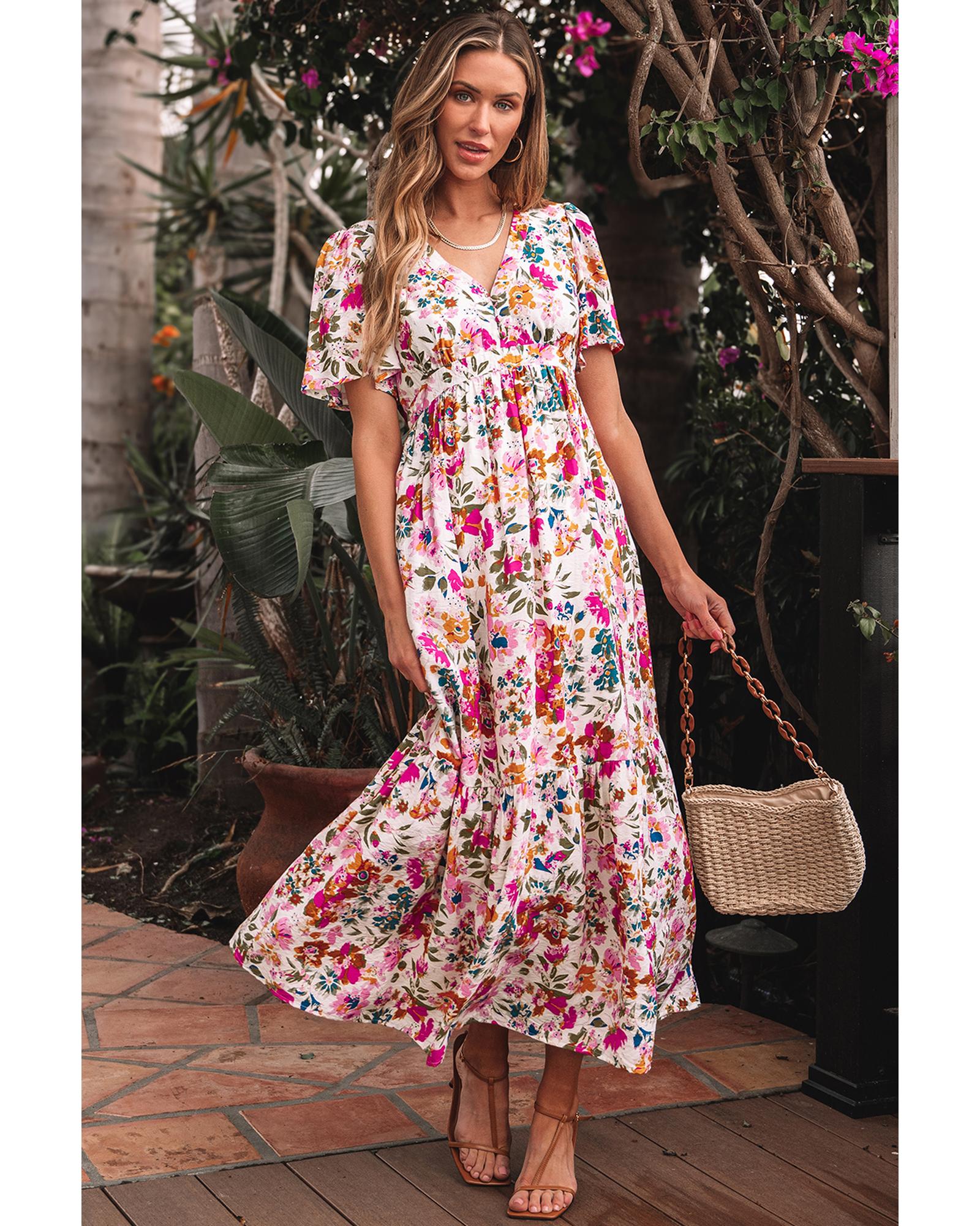 V539-AZEXDC6123022-P10320-L-202508302120-00 Red Floral Short Sleeve V Neck High Waist Maxi Dress - L - Image 1