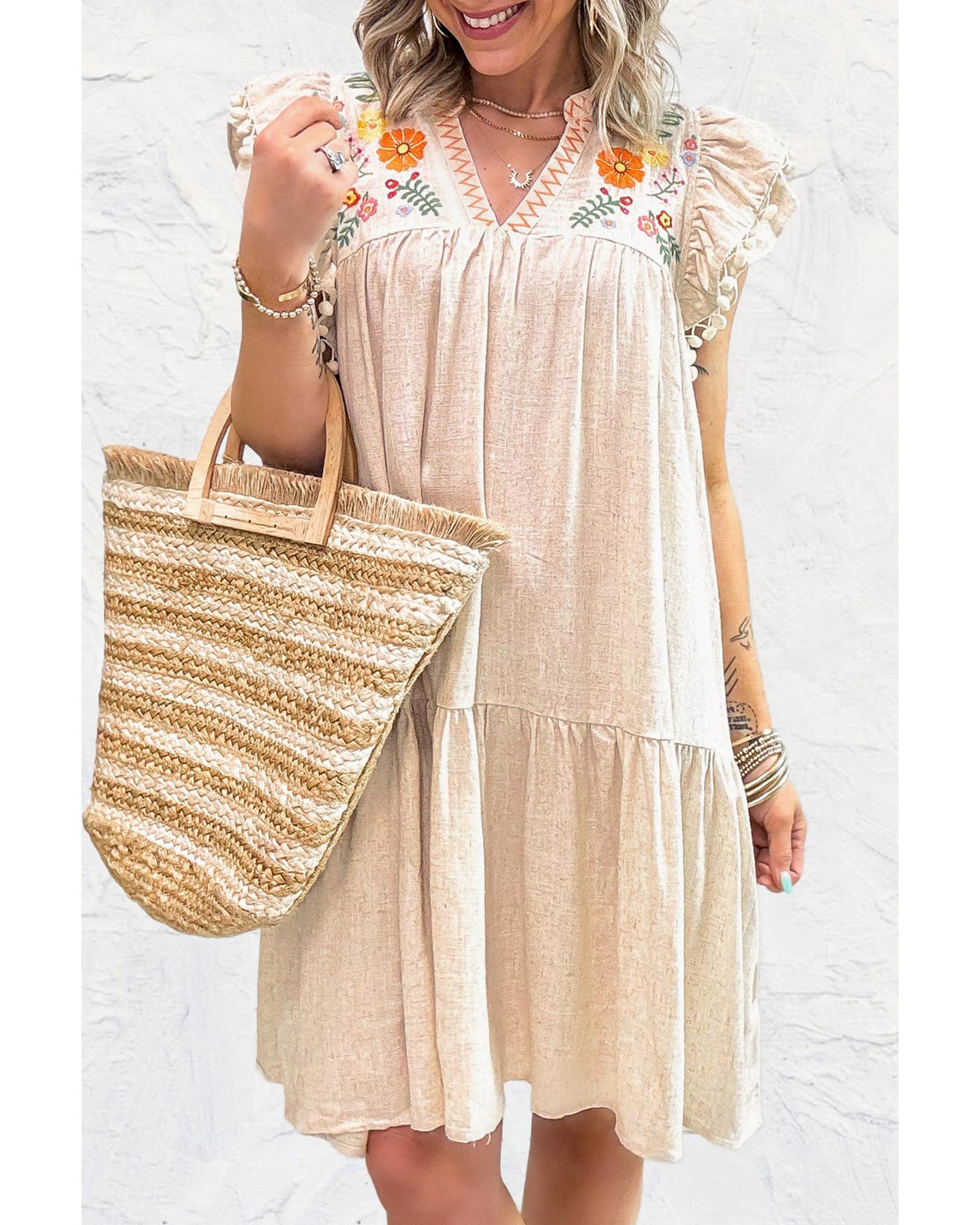 V539-AZEXDC6123040-P2015-S-202506141846-00 Jet Stream Linen Embroidery Split Neck Pom Pom Ruffle Sleeves Flowy Short Dress - S - Image 1