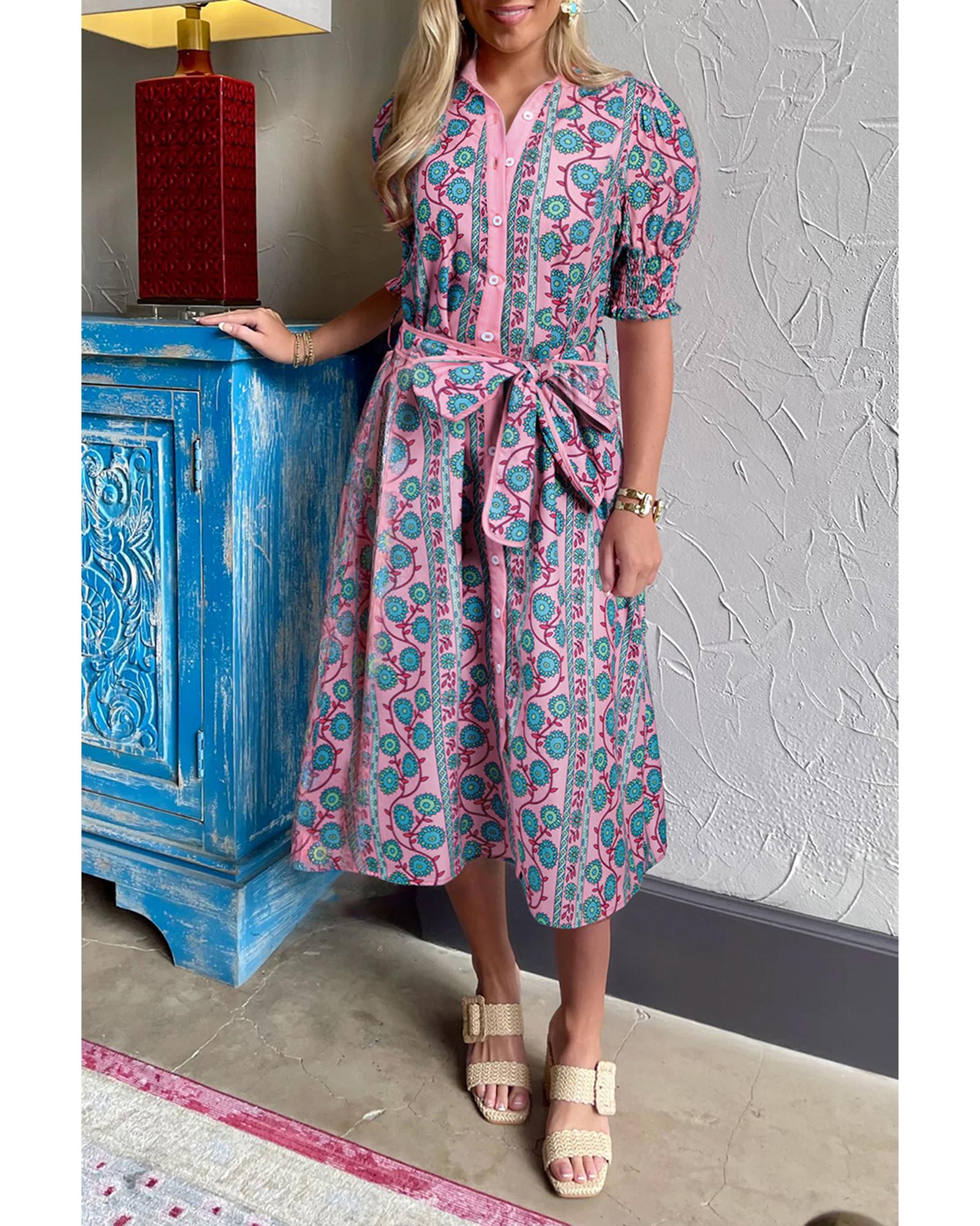 V539-AZEXDC6123061-P1020-L-202508302140-00 Pink Floral Shirred Puff Sleeve Buttoned Front Midi Dress with Sash - L - Image 1