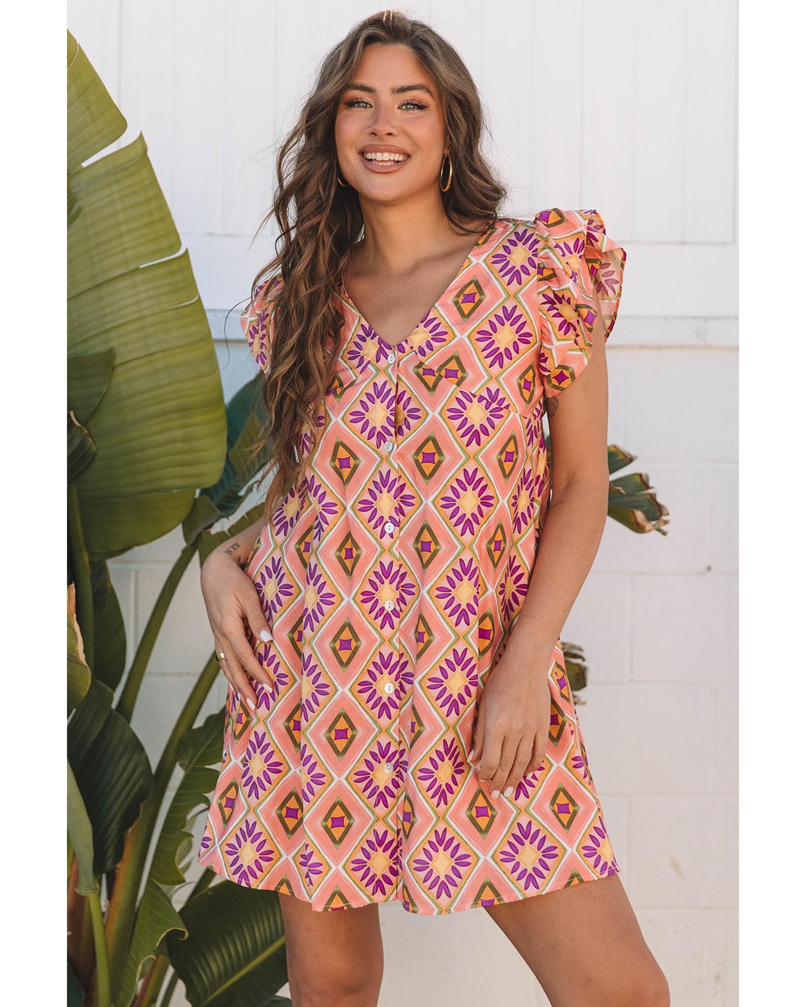 V539-AZEXDC6123092-P1420-S-202506141920-00 Orange Geometric Floral V Neck Buttoned Ruffled Sleeve Mini Dress - S - Image 1