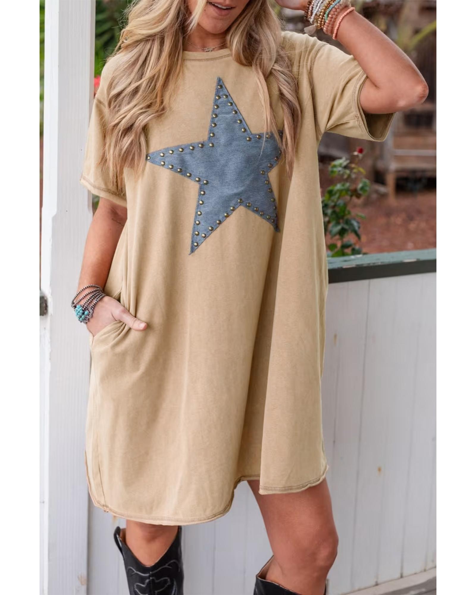 V539-AZEXDC6123110-P5016-S-202506141925-00 Pale Khaki Mineral Wash Stud Beaded Star Graphic Pocketed T Shirt Dress - S - Image 1