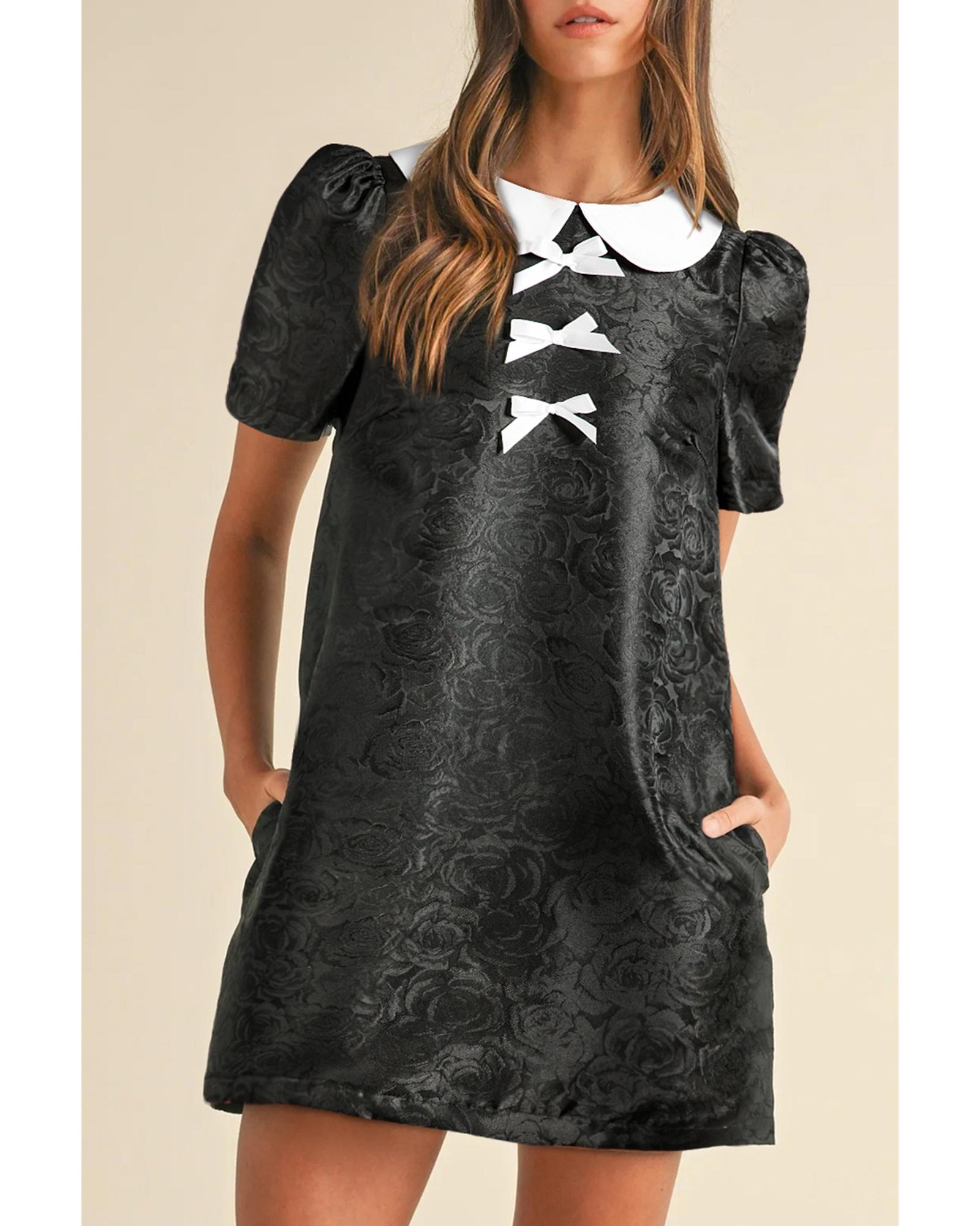 V539-AZEXDC6123149-P2-L-202508300930-00 Black Floral Embossed Puff Sleeve Colorblock Bow Collared Mini Dress - L - Image 1