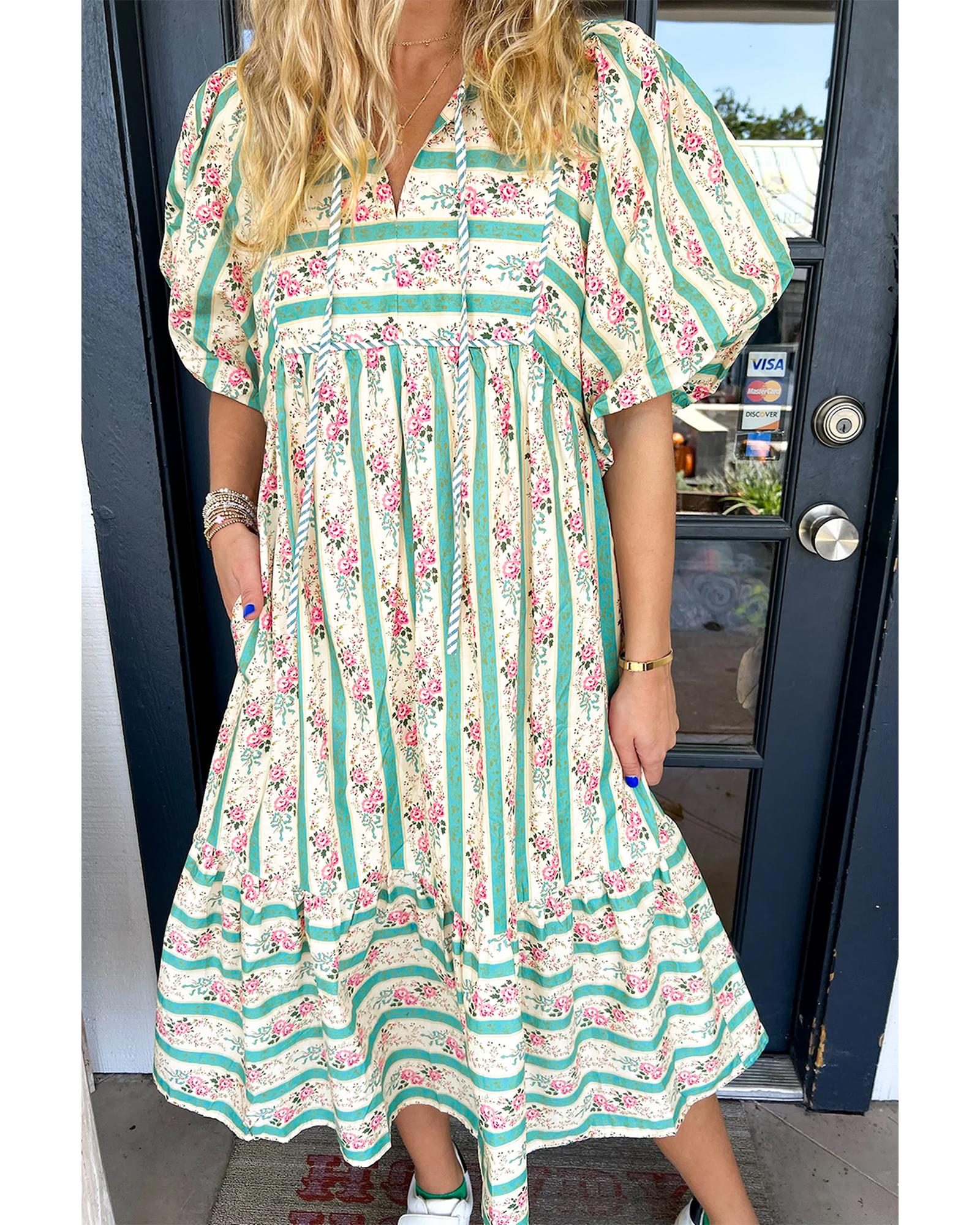 V539-AZEXDC6123186-P22-S-202506141521-00 Multicolour Striped Floral Print Tie Split Neck Puff Sleeve Midi Dress - S - Image 1