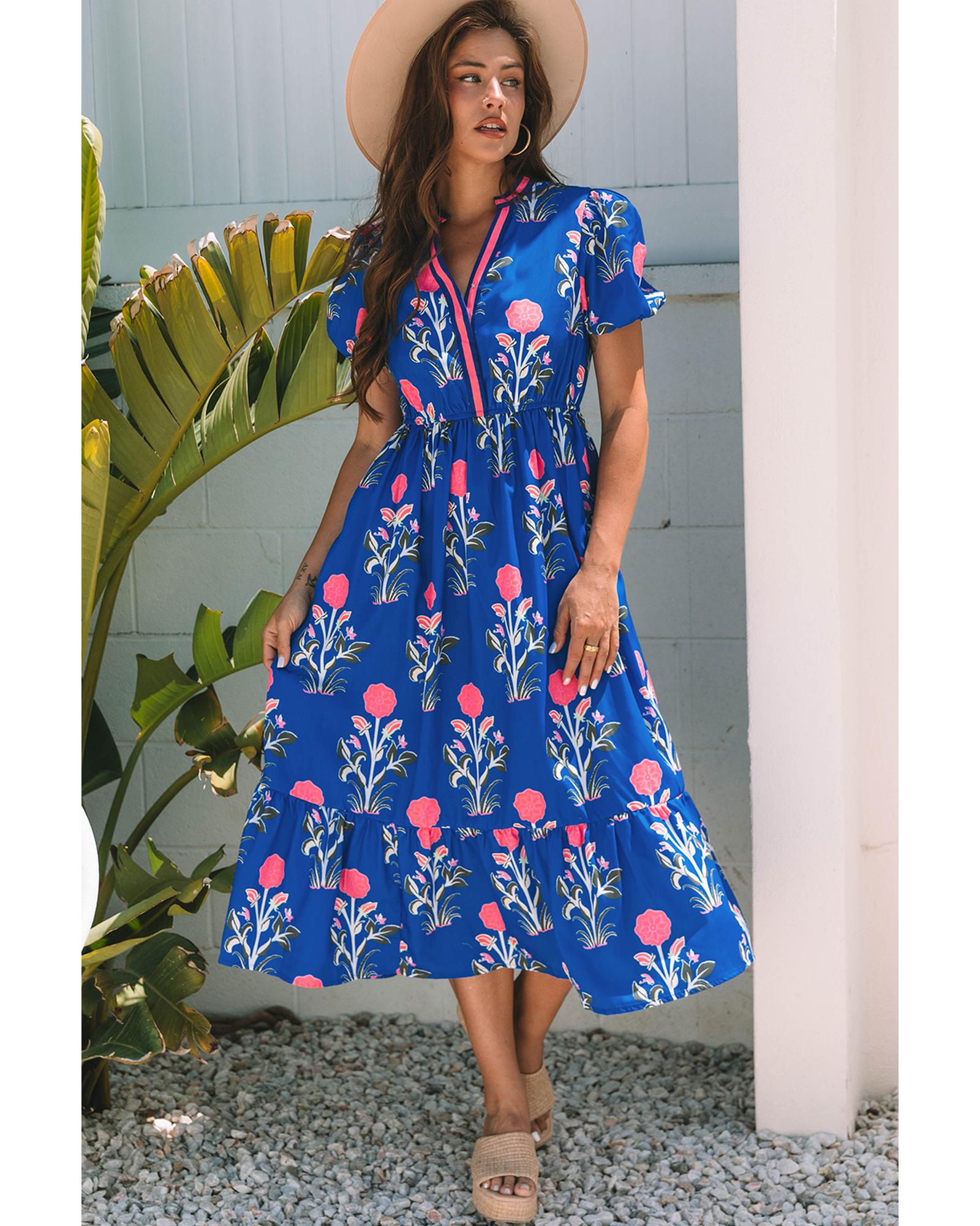 V539-AZEXDC6123188-P205-XL-202508300900-00 Sky Blue Floral Puff Short Sleeve V Neck High Waist Maxi Dress - XL - Image 1