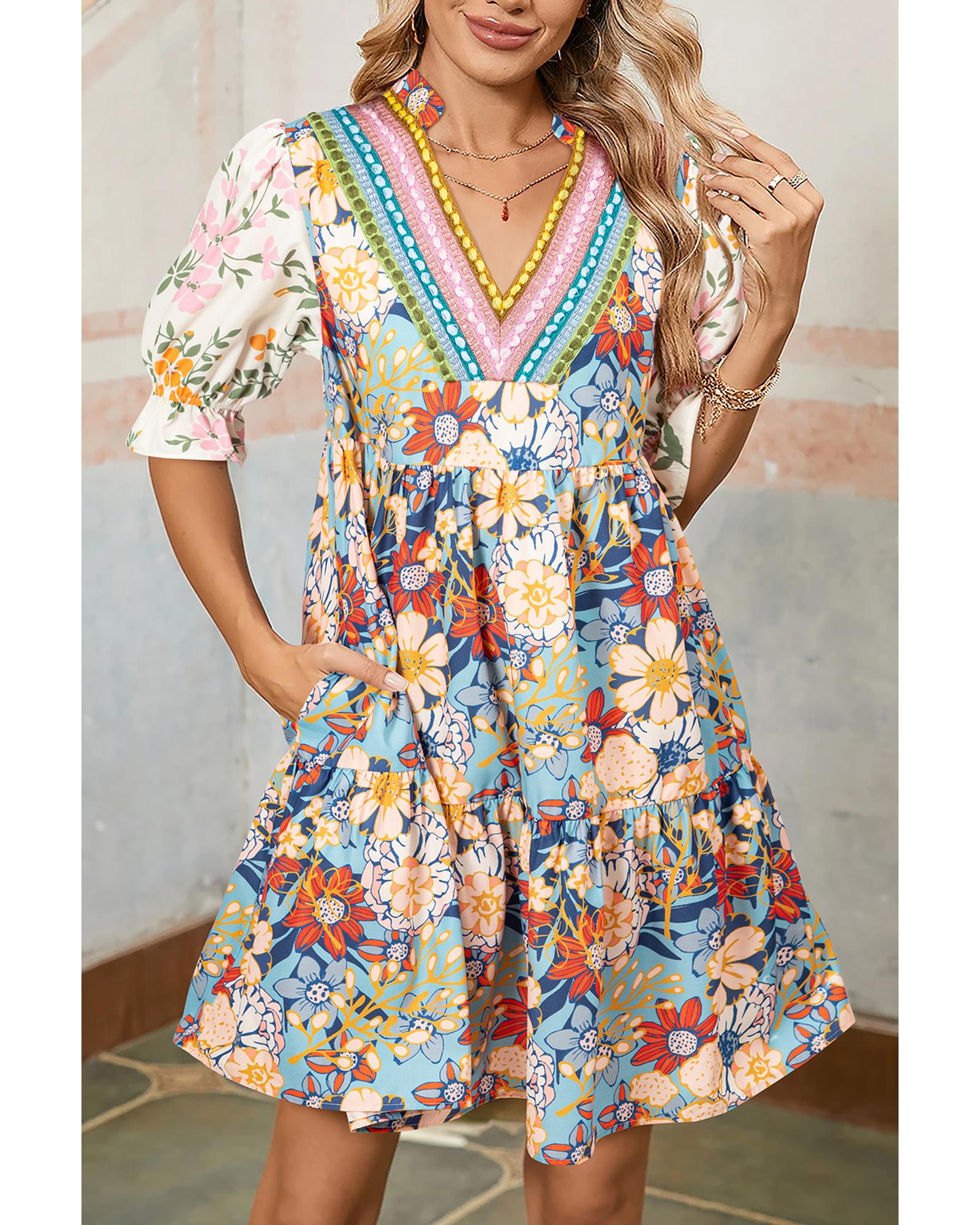 V539-AZEXDC6123227-P22-XL-202508301010-00 Multicolour Boho Floral Print Crochet Patchwork V Neck Loose Mini Dress - XL - Image 1