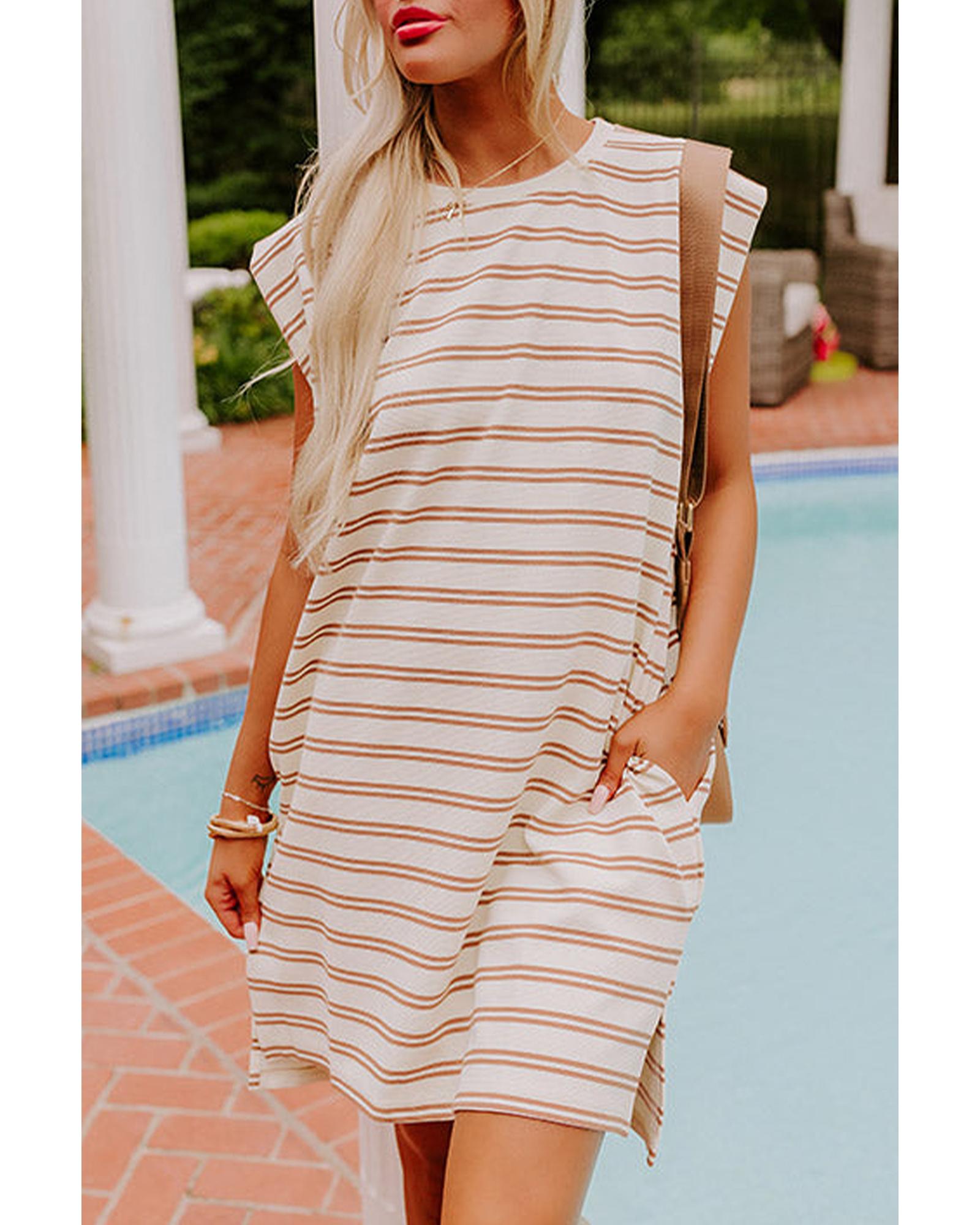 V539-AZEXDC6123243-P1619-XL-202508301525-00 Khaki Stripe Round Neck Sleeveless Casual Pocketed Mini Dress - XL - Image 1