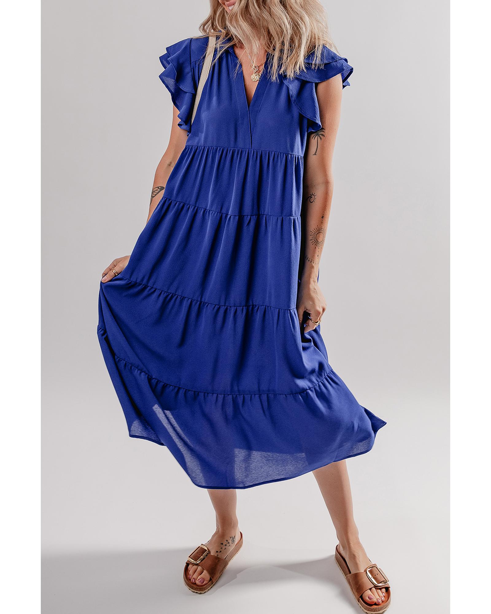V539-AZEXDC6123285-P105-XL-202508310145-00 Bluing Ruffled Short Sleeve Collared V Neck Tiered Midi Dress - XL - Image 1