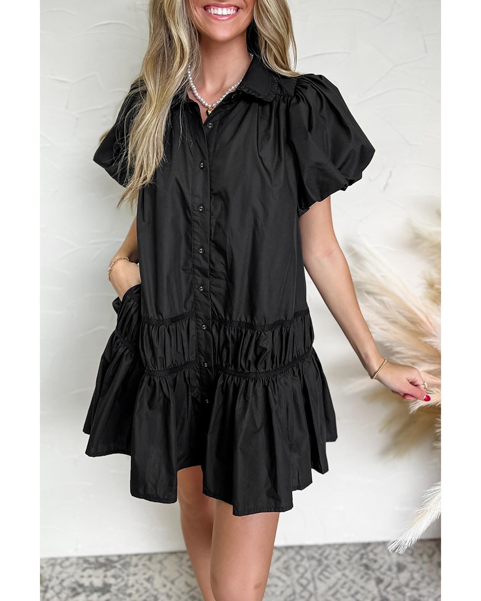 V539-AZEXDC6123432-P2-M-202508280105-00 Black Shirt Style Button Down Puff Sleeve Ruffle Hem Dress - M - Image 1
