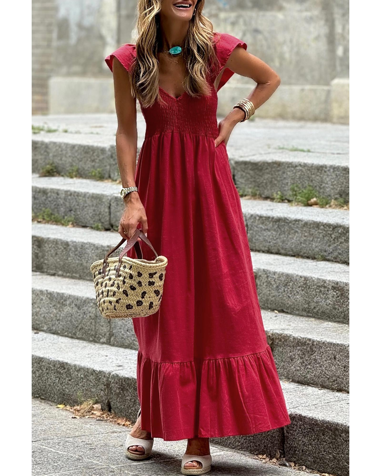 V539-AZEXDC6123564-P3-XL-202508282240-00 Fiery Red V Neck Flutter Sleeve Smocked Bodice High Waist Ruffle Maxi Dress - XL - Image 1