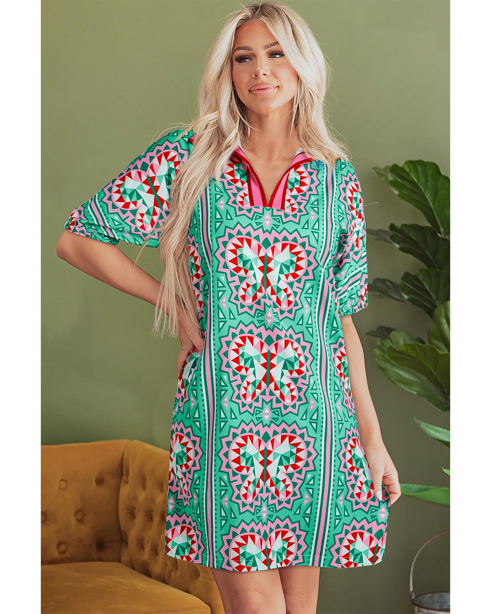 V539-AZEXDC6123590-P1009-XL-202508300655-00 Mint Green Geometric Butterfly Print Split Neck Short Sleeve Dress - XL - Image 1