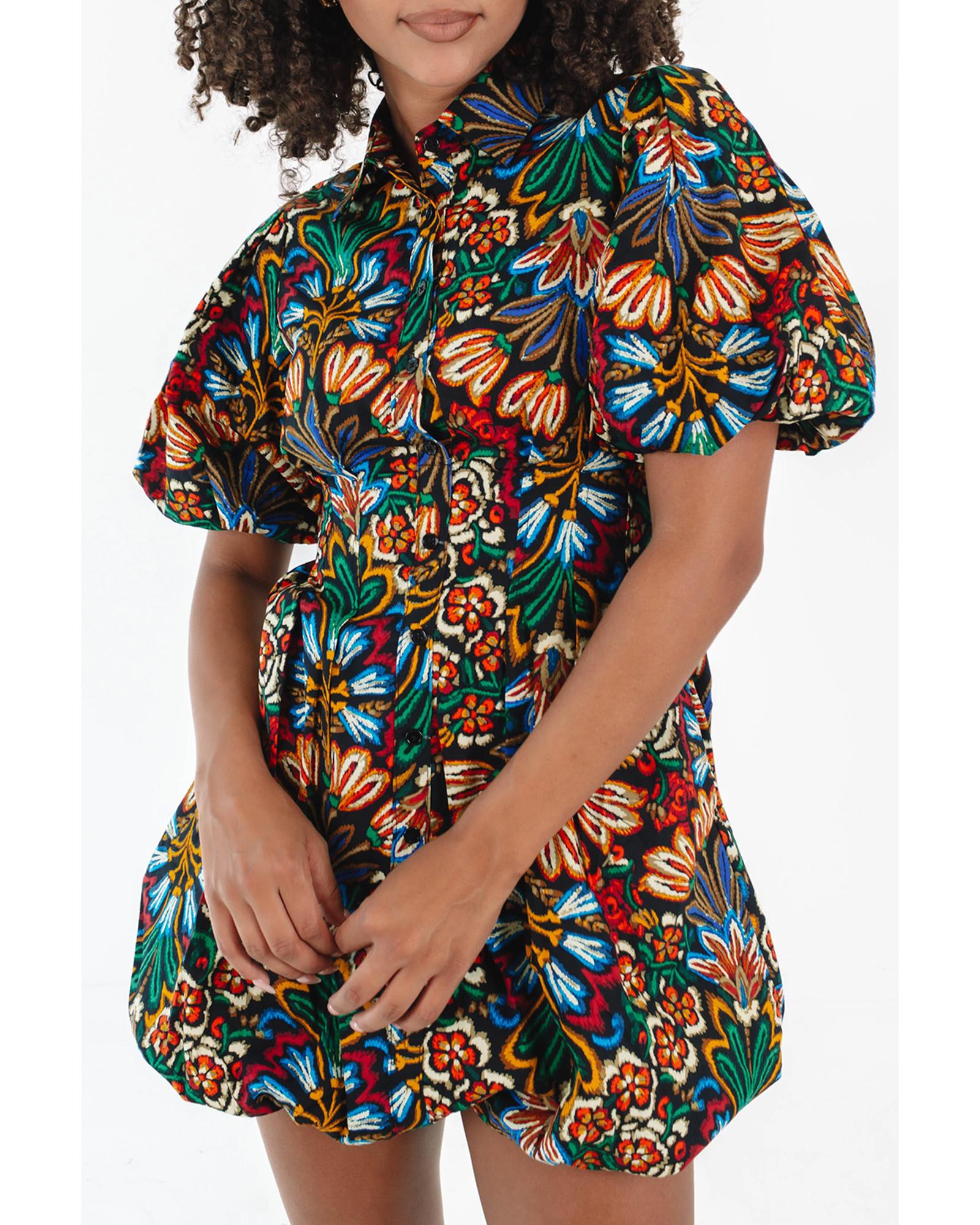 V539-AZEXDC6123626-P22-M-202508292035-00 Multicolour Floral Puff Short Sleeve Shirt Mini Dress - M - Image 1
