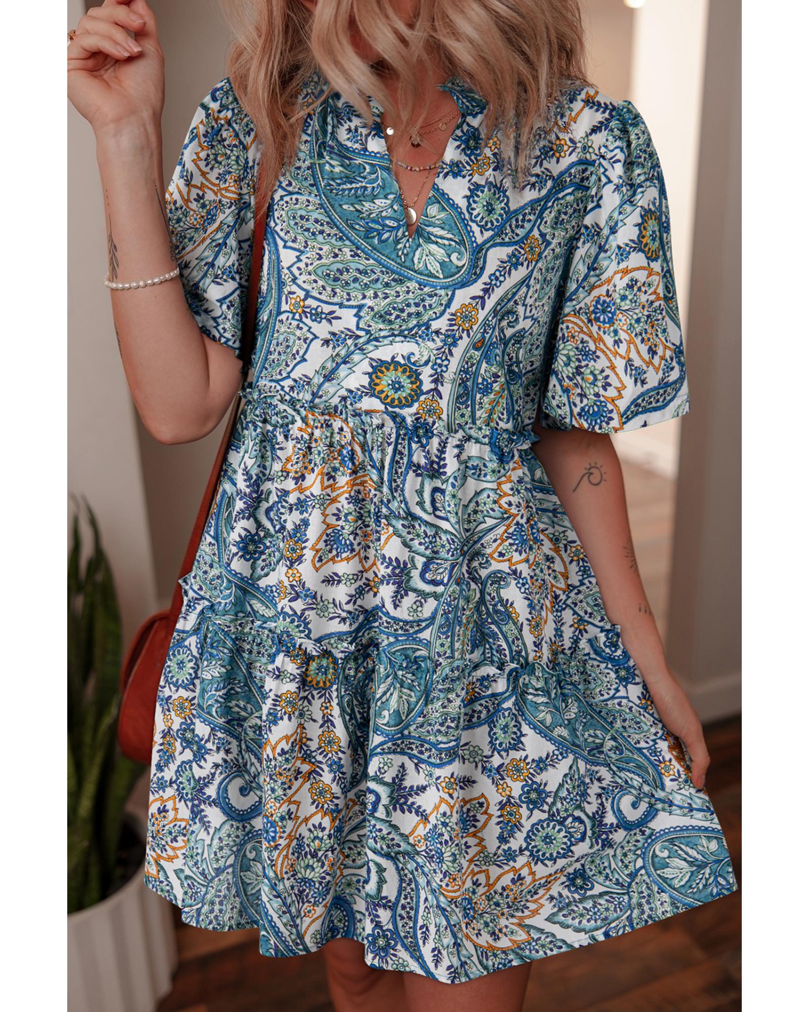 V539-AZEXDC6123663-P520-L-202508280700-00 Blue Bohemian Paisley Floral V Neck Short Sleeve Mini Dress - L - Image 1