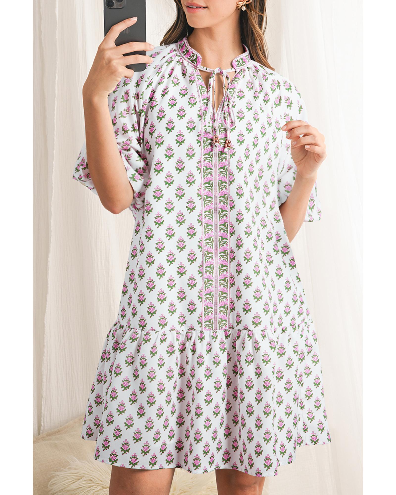 V539-AZEXDC6123687-P1020-L-202508301400-00 Pink Floral Print Bubble Sleeve Neck Tie Ruffled Dress - L - Image 1