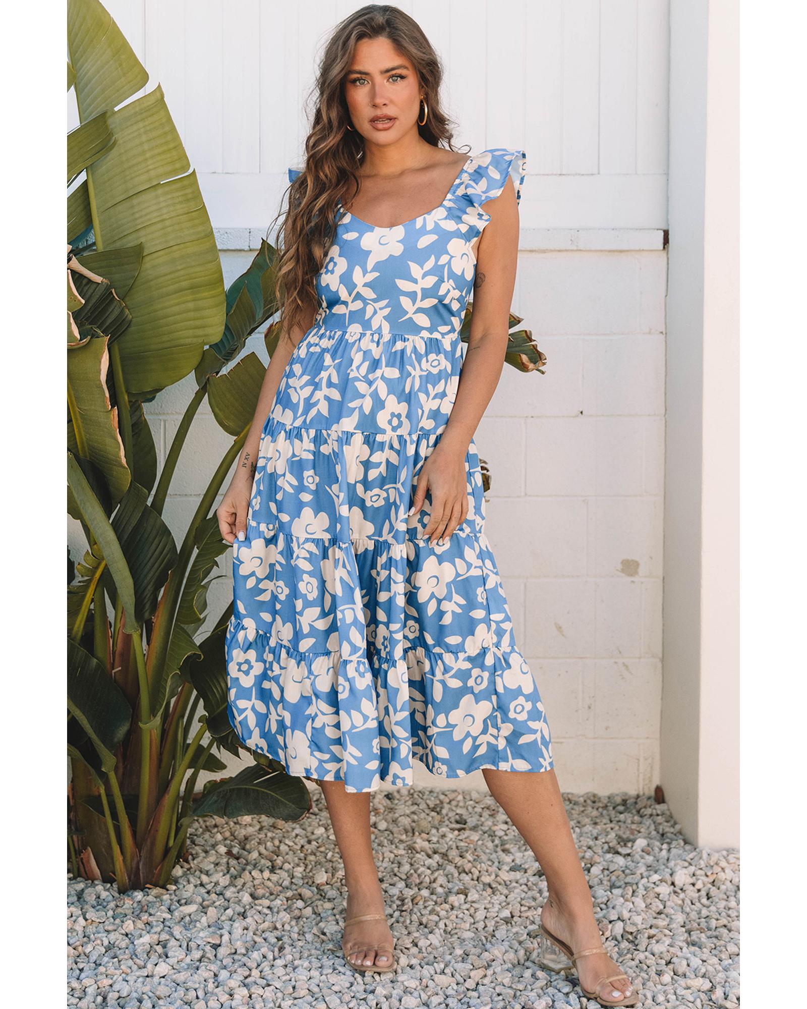 V539-AZEXDC6123697-P420-S-202506141841-00 Sky Blue Floral U Neck Flutter Shoulder Tiered Flowy Midi Dress - S - Image 1