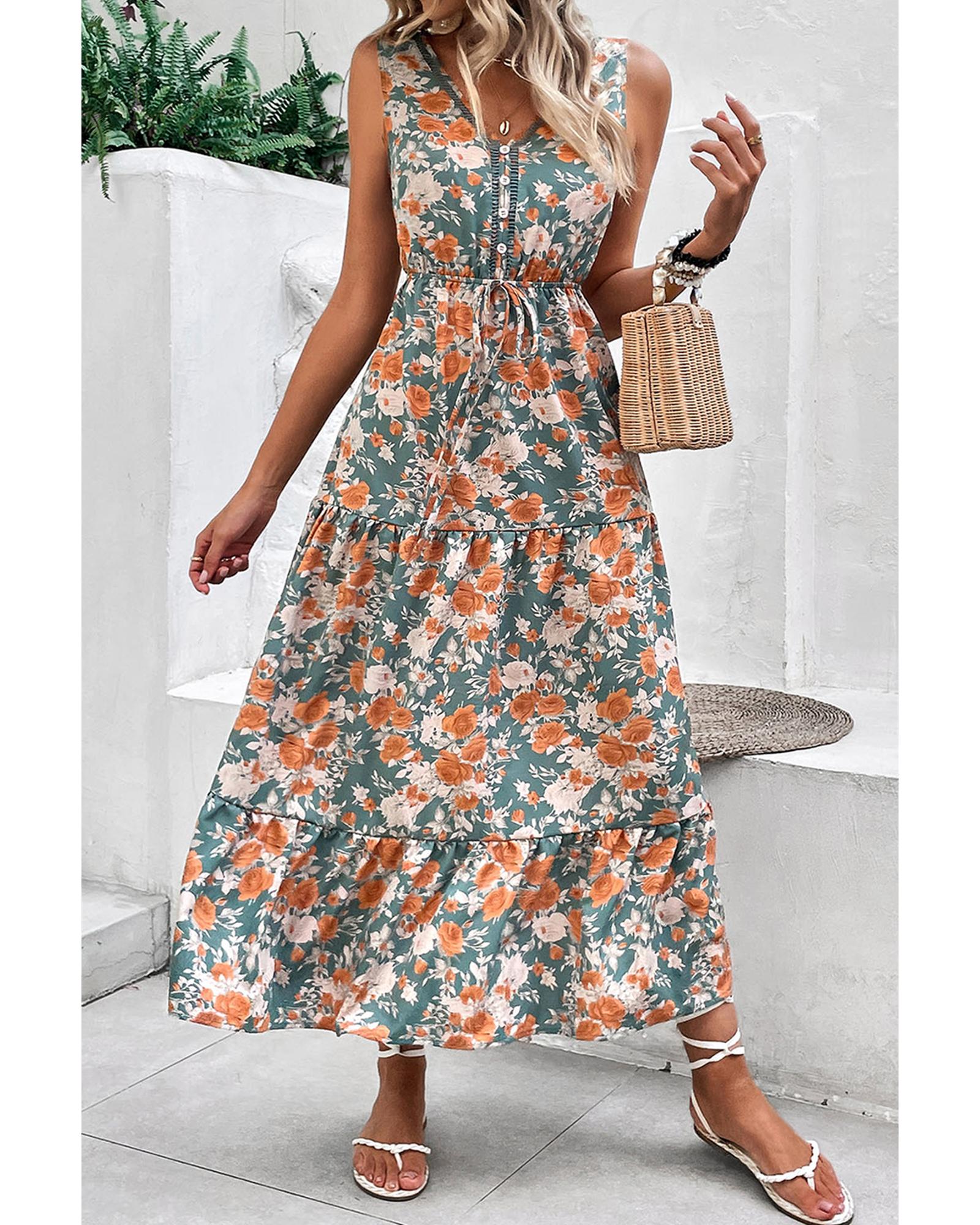 V539-AZEXDC6123821-P920-M-202508301750-00 Green Floral Print Trimmed V Neck Tie Waist Sleeveless Holiday Long Dress - M - Image 1