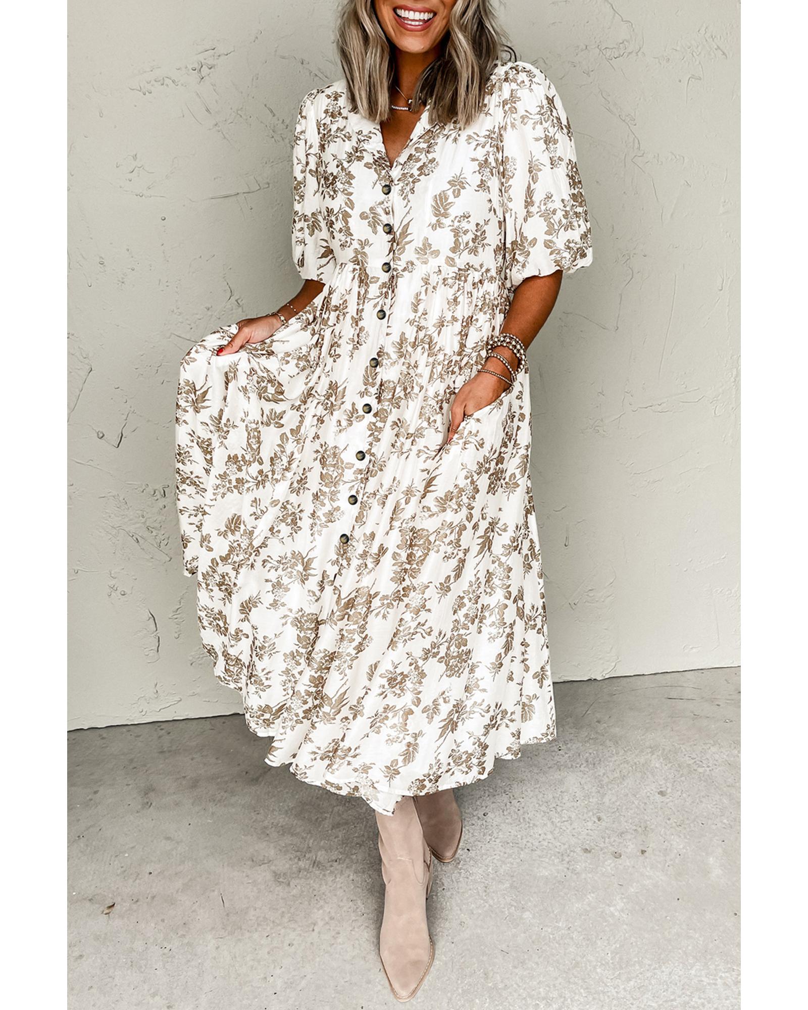 V539-AZEXDC6123917-P1620-L-202508301140-00 Khaki Floral Puff Sleeve V Neck Buttoned Front Maxi Dress - L - Image 1