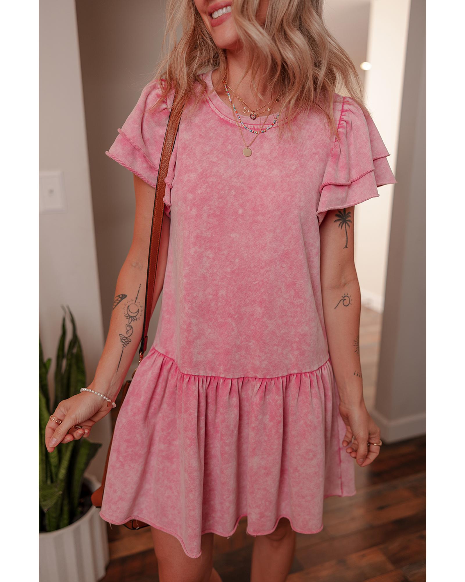 V539-AZEXDC6124021-P406-M-202508301800-00 Sachet Pink Mineral Wash Raw Edge Ruffle Mini Dress - M - Image 1