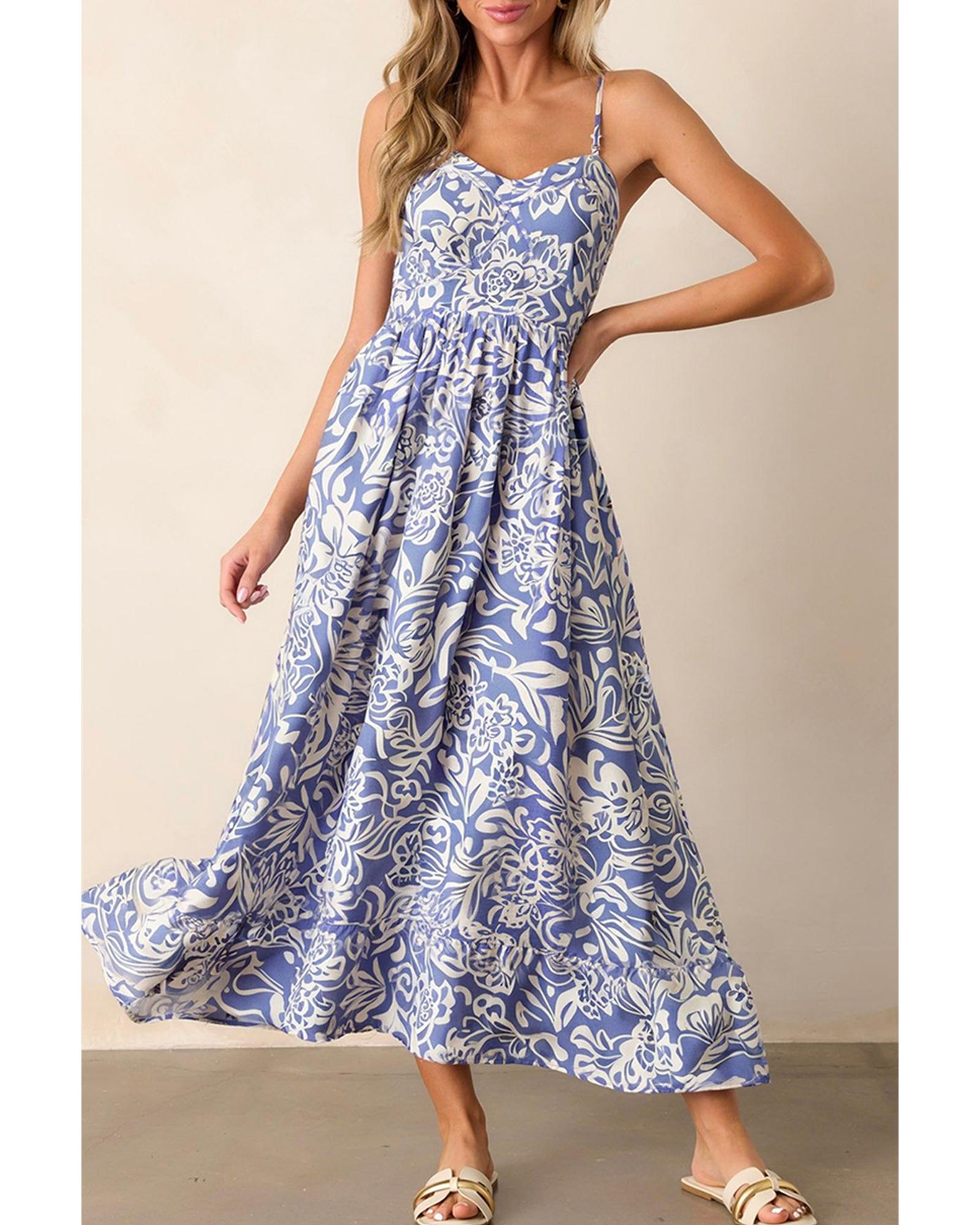 V539-AZEXDC6124096-P420-S-202506141946-00 Sky Blue Floral Print Spaghetti Strap High Waist Maxi Dress - S - Image 1
