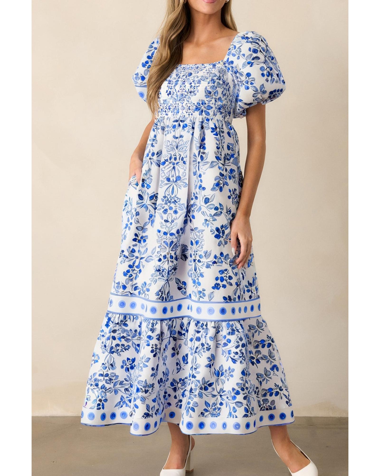 V539-AZEXDC6124196-P420-XL-202508301810-00 Sky Blue Floral Print Square Neck Bubble Sleeve High Waist Maxi Dress - XL - Image 1