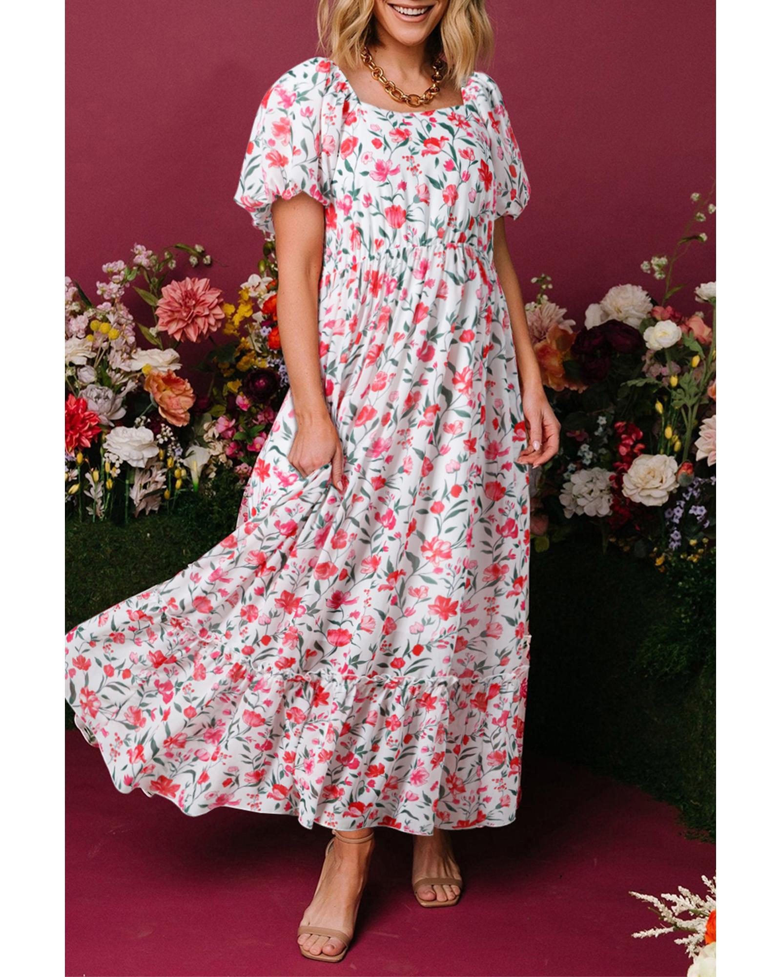 V539-AZEXDC6124210-P1020-M-202508302050-00 Pink Floral Puff Sleeve Square Neck Empire Waist Tiered Maxi Dress - M - Image 1