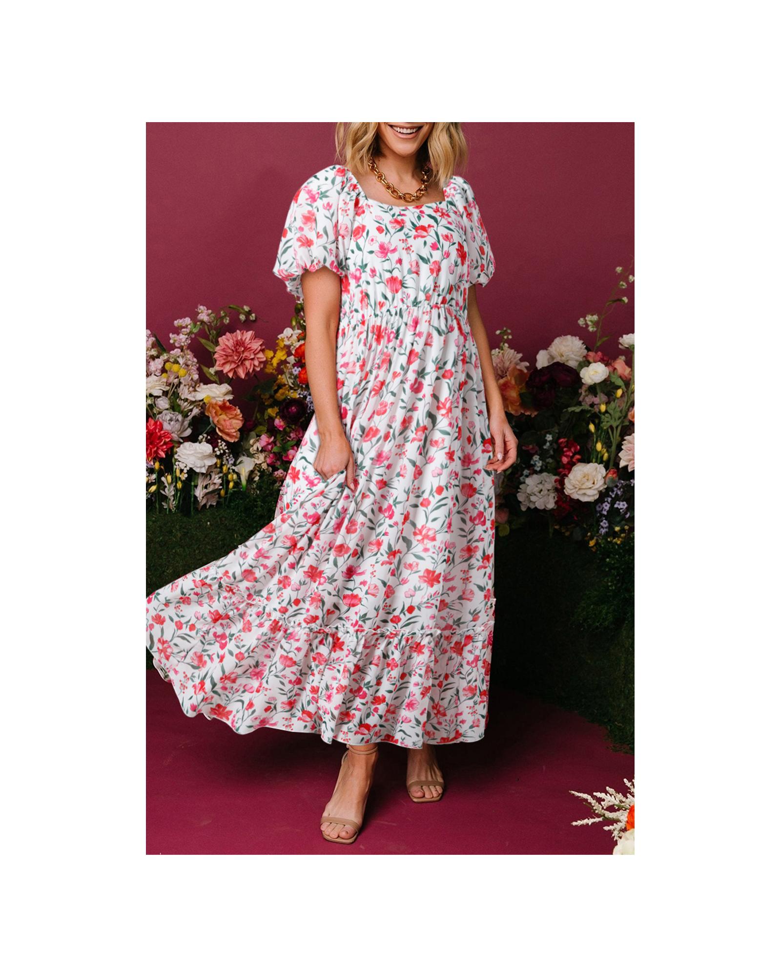 V539-AZEXDC6124210-P1020-XL-202508302345-00 Pink Floral Puff Sleeve Square Neck Empire Waist Tiered Maxi Dress - XL - Image 1