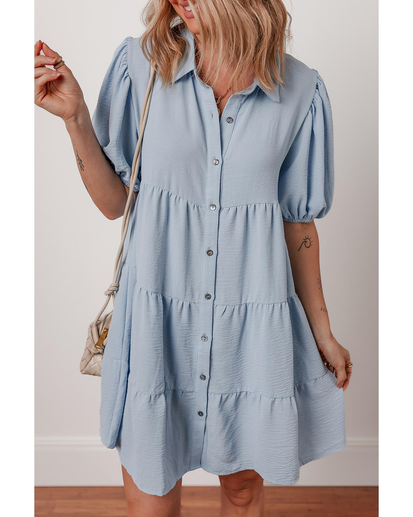 V539-AZEXDC6124362-P804-XL-202508302210-00 Beau Blue Shirt Collar Button Up Short Puff Sleeve Tiered Shift Dress - XL - Image 1