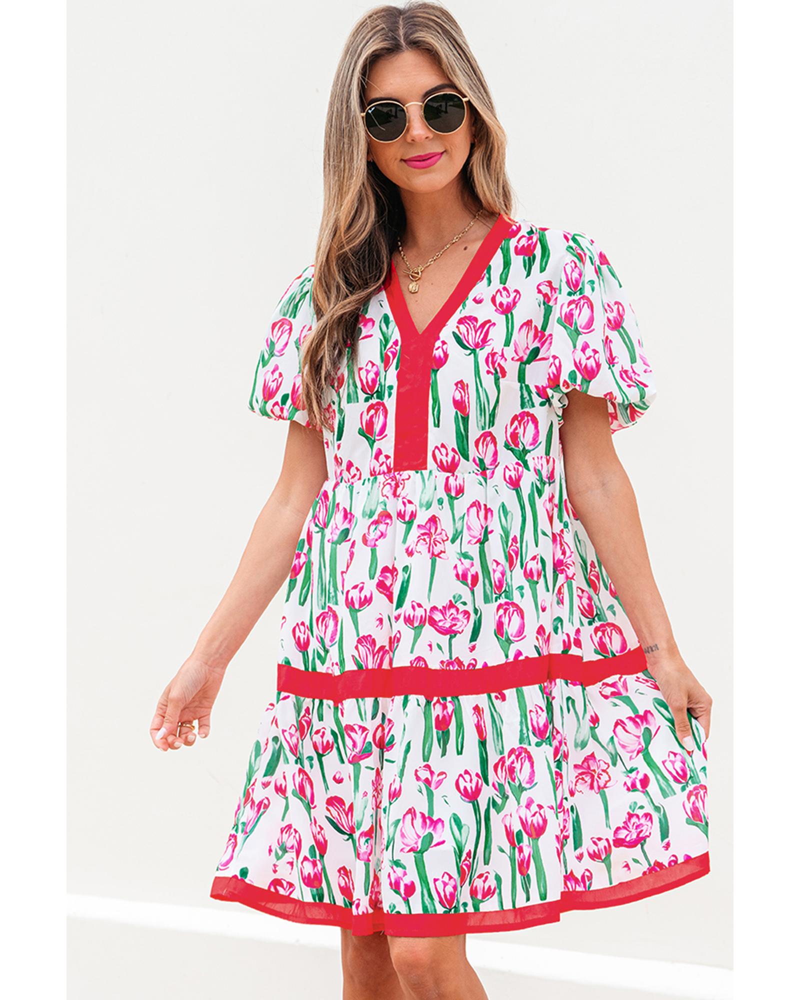 V539-AZEXDC6124474-P1020-L-202508301435-00 Pink Floral Print Contrast Trim V Neck Bubble Short Sleeve Babydoll Dress - L - Image 1