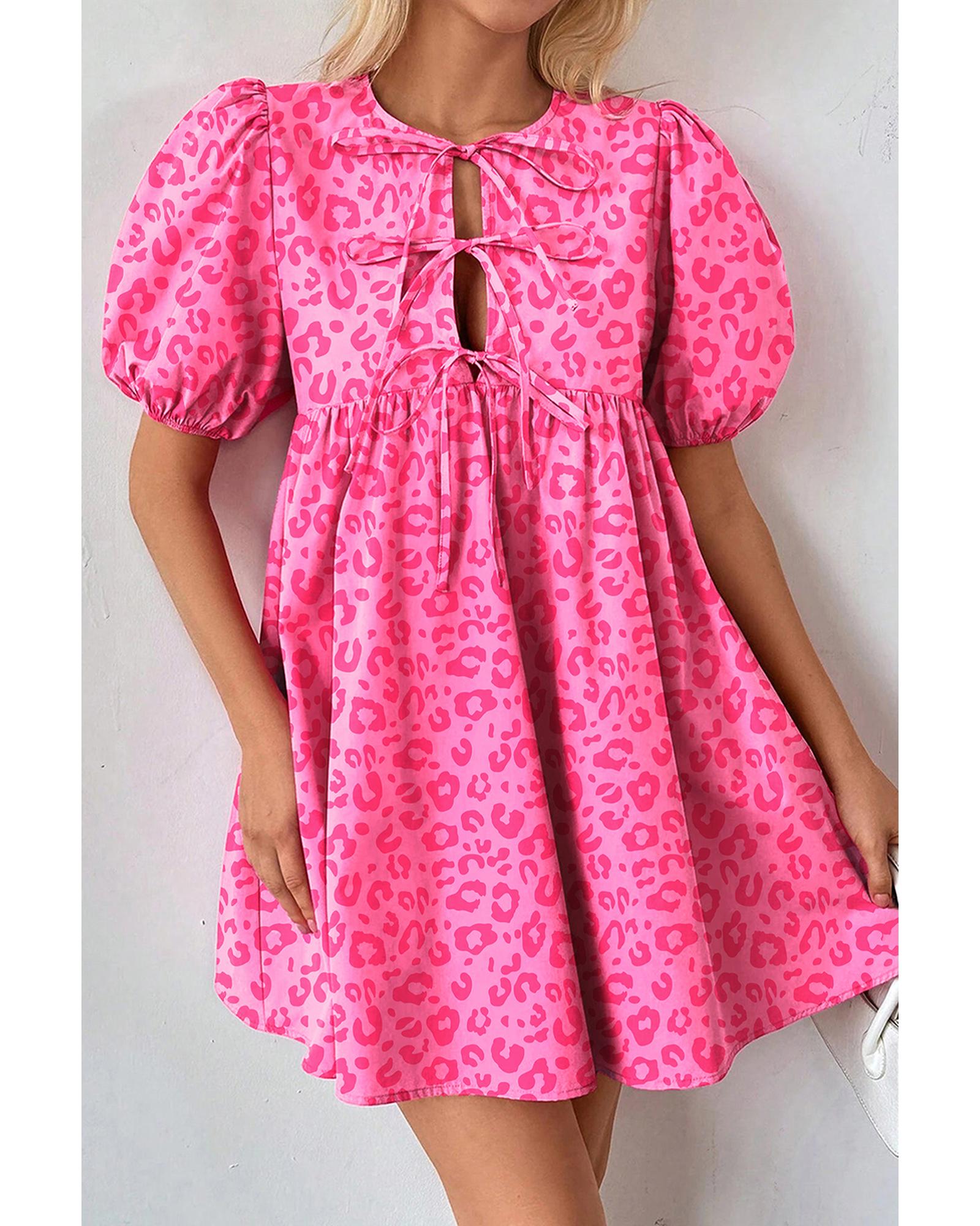 V539-AZEXDC6124536-P620-M-202508302045-00 Rose Leopard Puff Sleeve Tie Front High Waist Mini Dress - M - Image 1