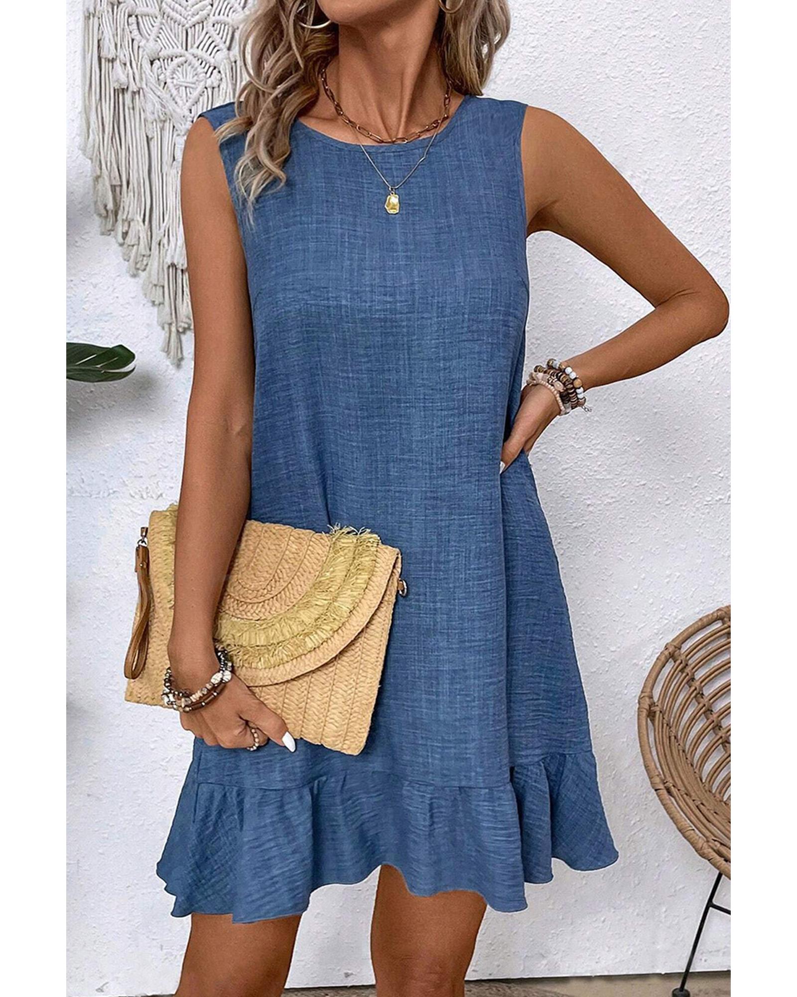 V539-AZEXDC6124610-P604-XL-202508300305-00 Ashleigh Blue Knot Scoop Back Ruffle Hem Sleeveless Mini Dress - XL - Image 1