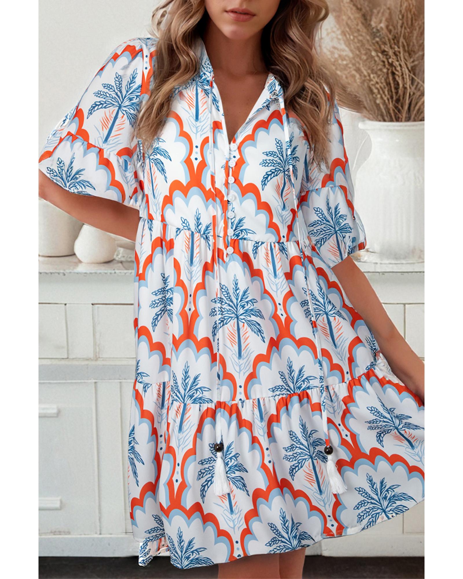 V539-AZEXDC6124688-P1420-L-202508280550-00 Orange Contrast Palm Tree Printed Short Sleeve Flowy Dress - L - Image 1