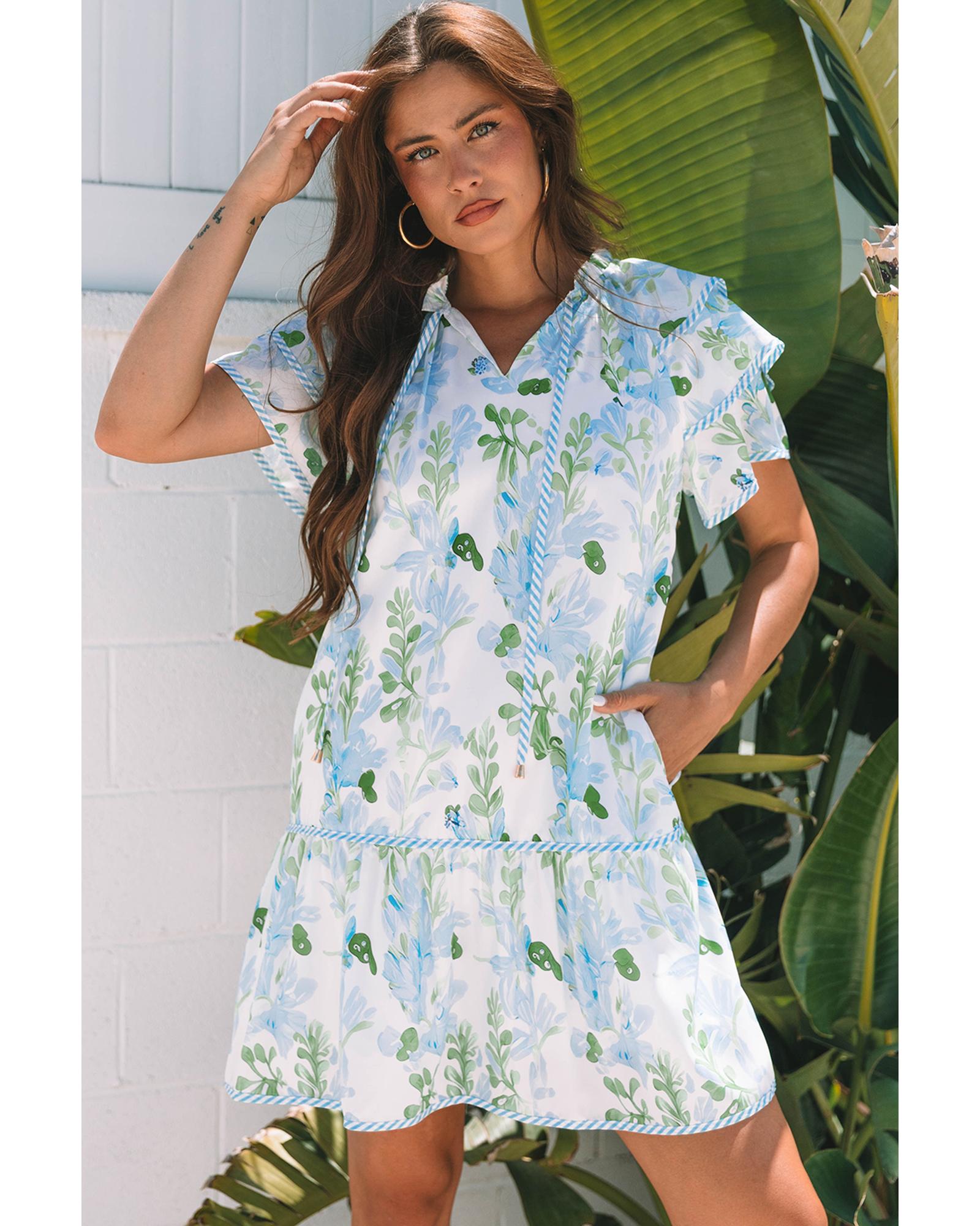 V539-AZEXDC6124822-P420-L-202508281345-00 Sky Blue Floral Contrast Edge Layered Short Sleeve Mini Dress - L - Image 1