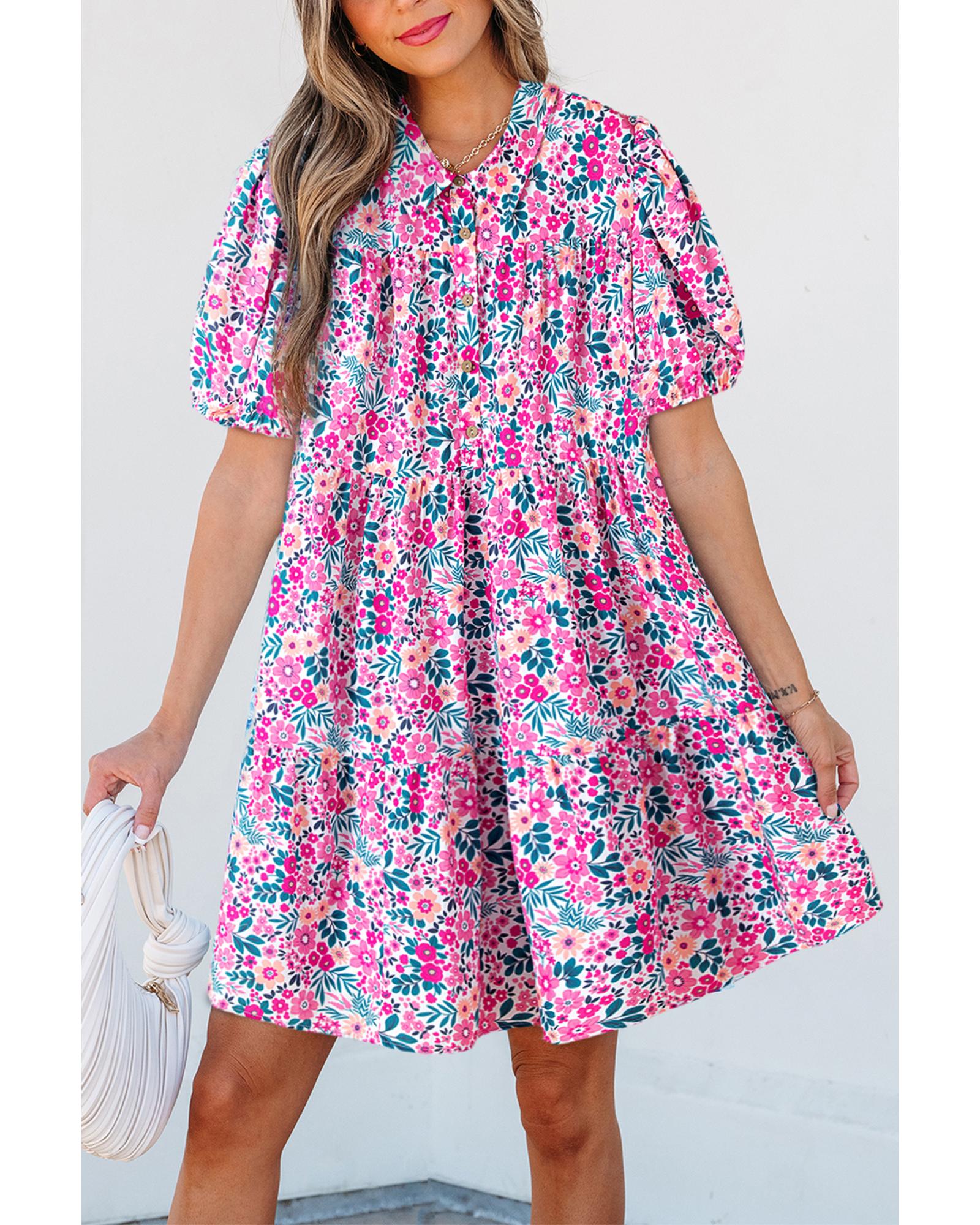 V539-AZEXDC6125057-P1020-L-202508280345-00 Pink Floral Collared Half Placket Short Sleeve Loose Dress - L - Image 1