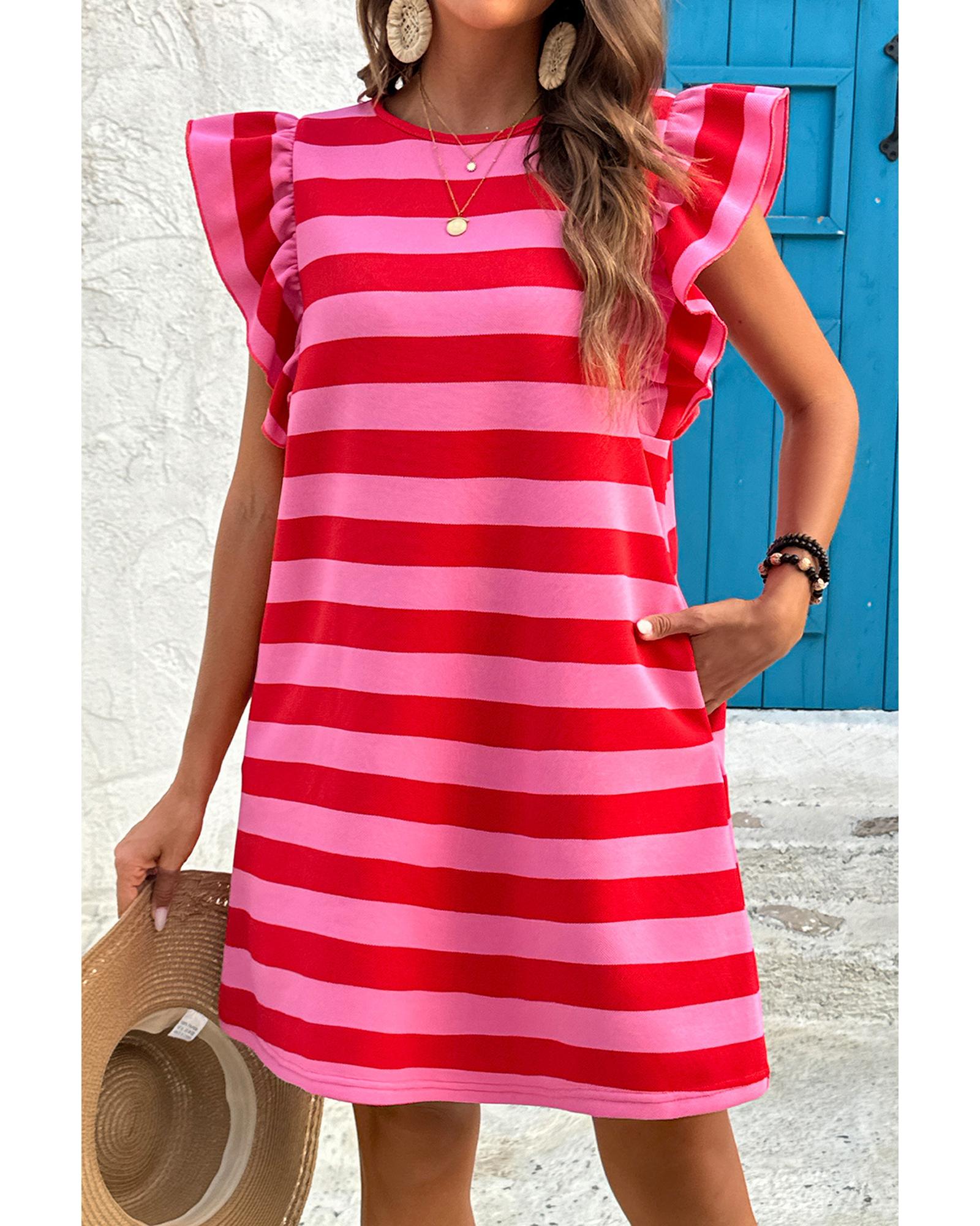 V539-AZEXDC6125356-P319-XS-202506142130-00 Red Stripe Flutter Sleeve Round Neck Shift Dress - XS - Image 1