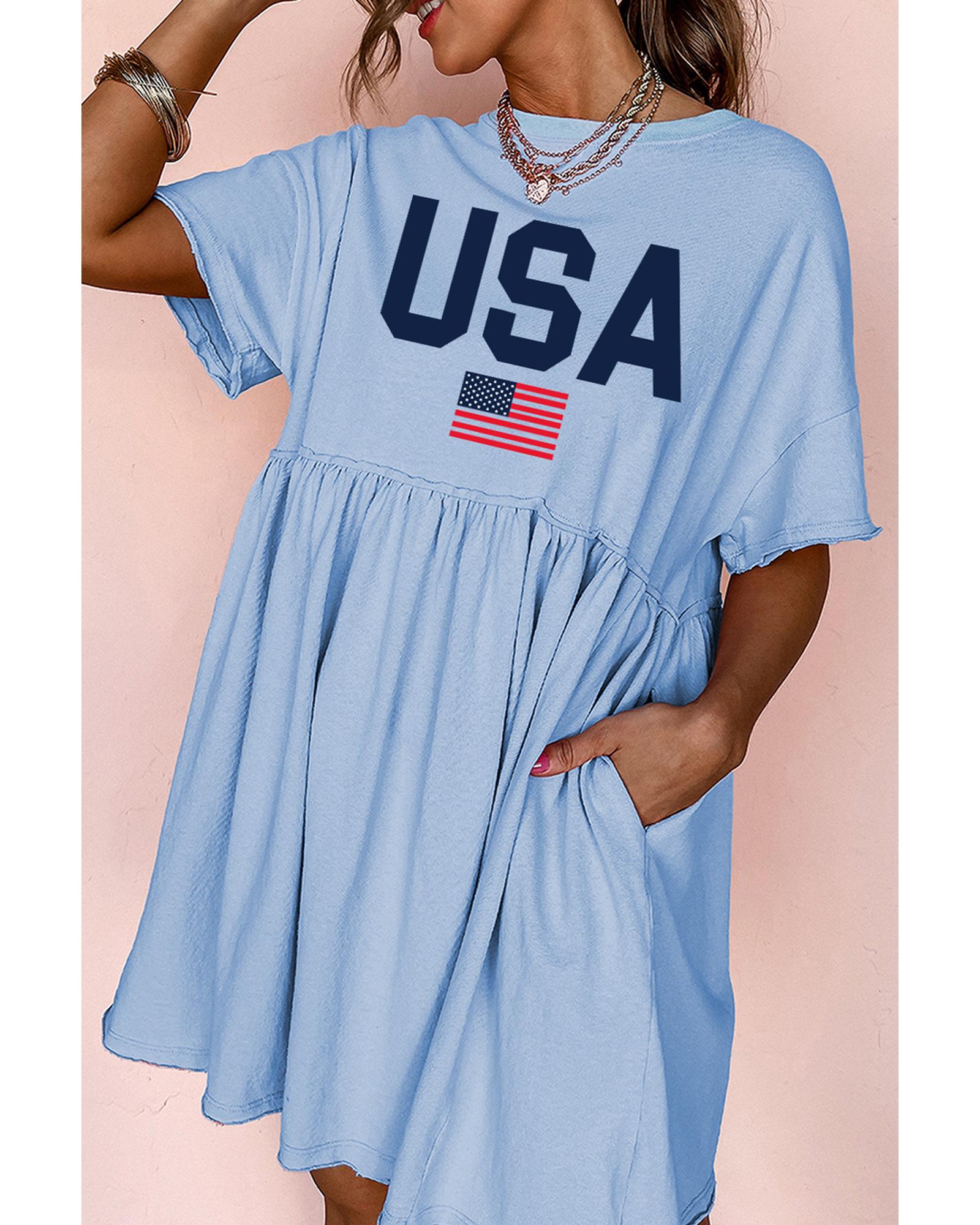 V539-AZEXDC6125415-P304-M-202508300355-00 Sky Blue USA Flag Print Short Sleeve High Waist Babydoll Dress - M - Image 1