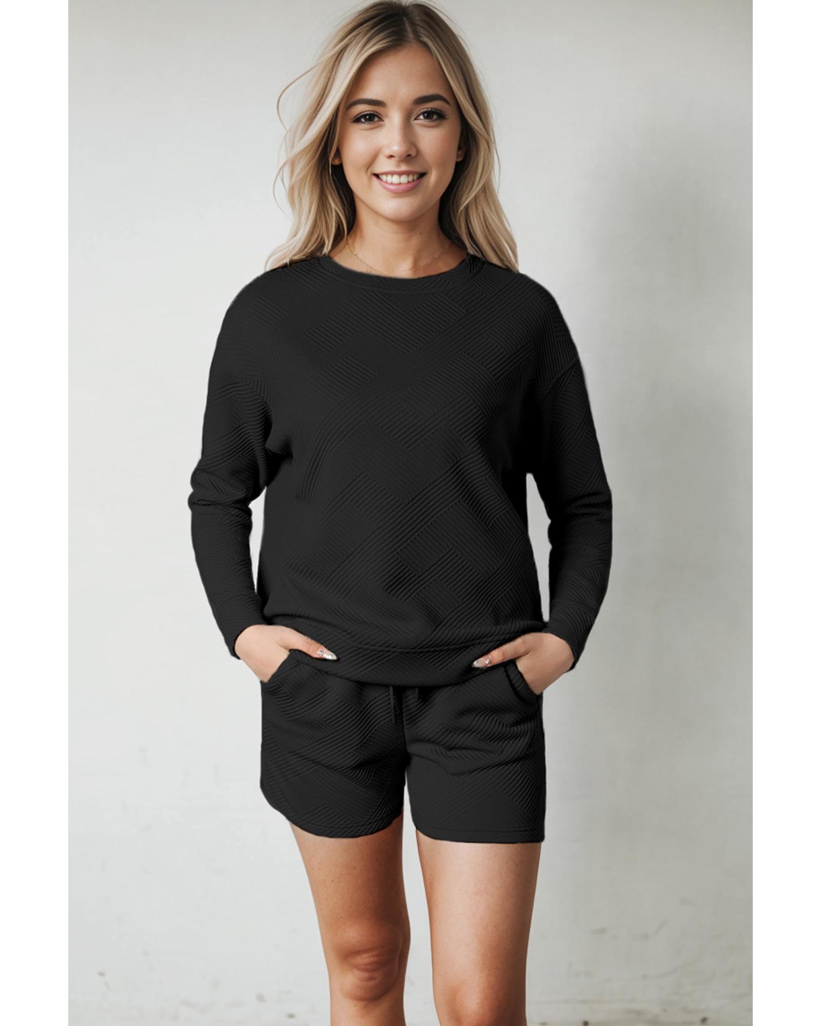 V539-AZEXDC625104-2-L-202508300040-00 Black Textured Long Sleeve Top and Drawstring Shorts Set - L - Image 1