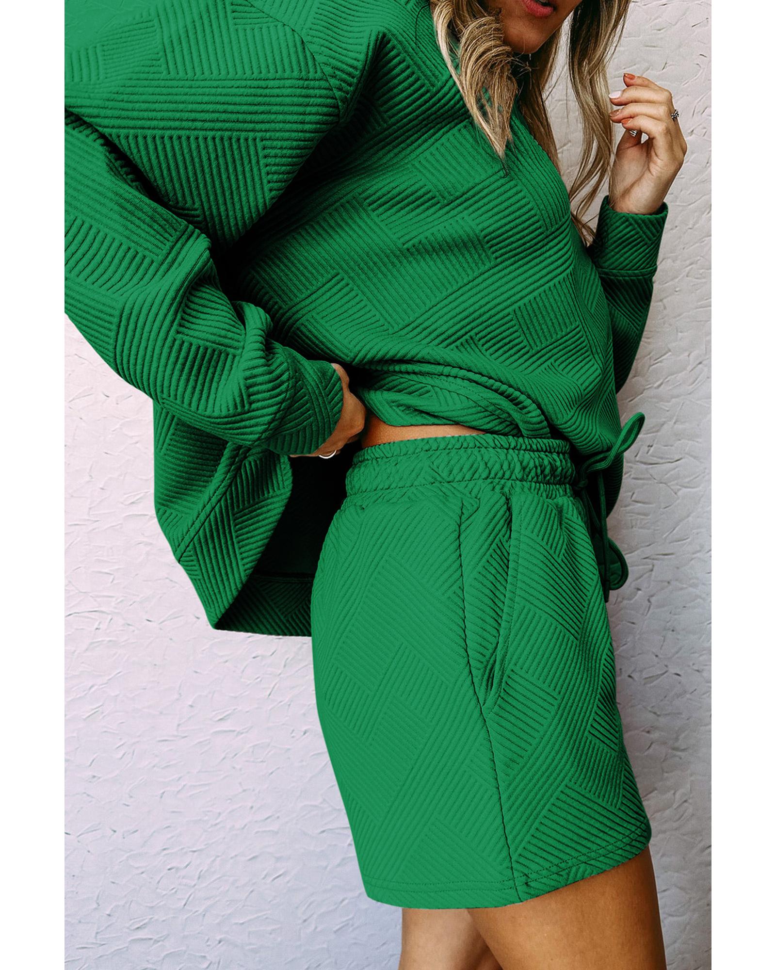 V539-AZEXDC625104-9-S-202506142146-00 Green Textured Long Sleeve Top and Drawstring Shorts Set - S - Image 1