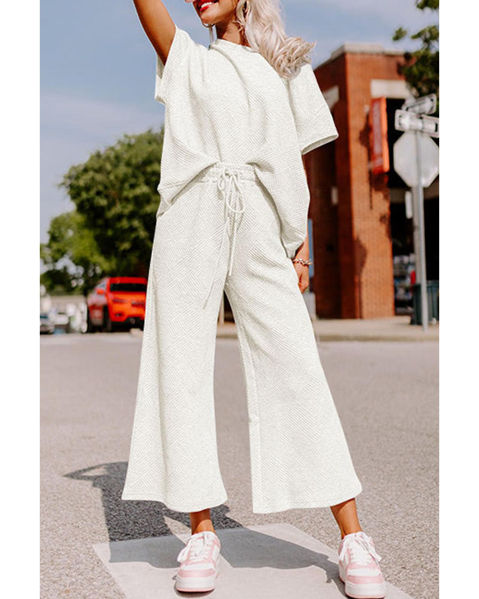 V539-AZEXDC625264-P1-S-202506142226-00 Bright White Textured Loose Fit T Shirt and Drawstring Pants Set - S - Image 1