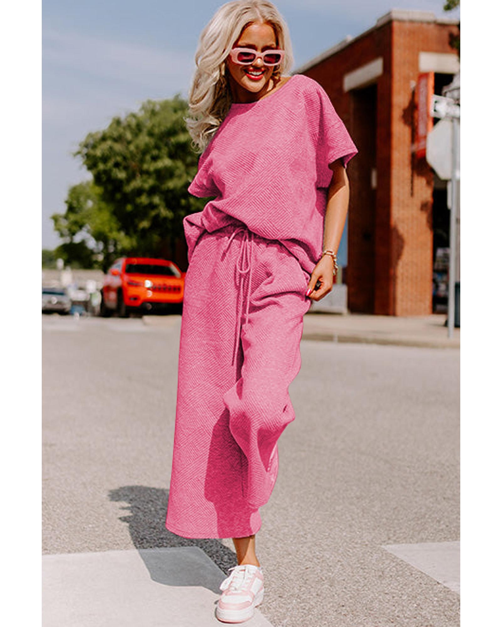 V539-AZEXDC625264-P306-XL-202508281810-00 Strawberry Pink Textured Loose Fit T Shirt and Drawstring Pants Set - XL - Image 1