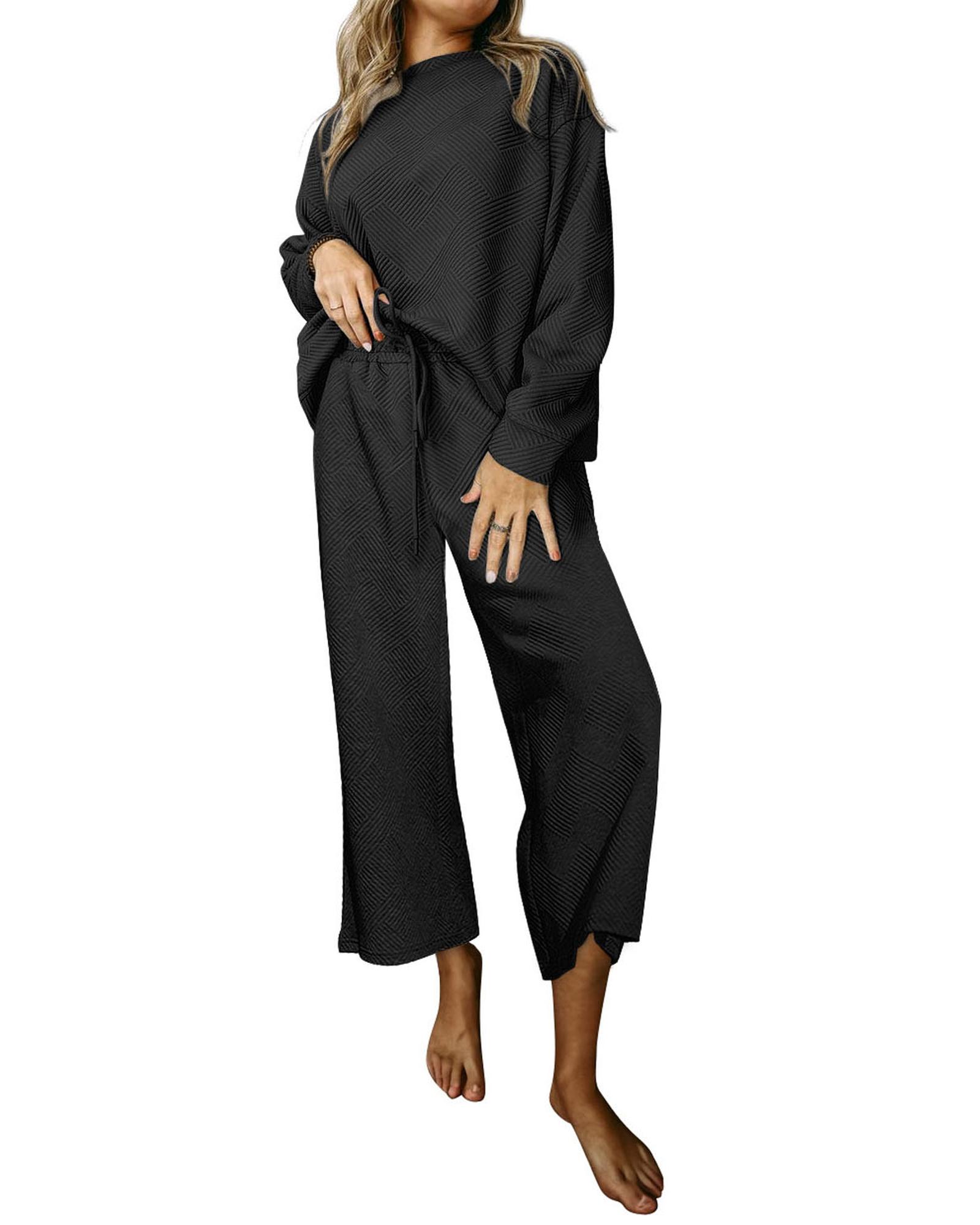 V539-AZEXDC625266-2-2XL-202508281540-00 Black Ultra Loose Textured 2pcs Slouchy Outfit - 2XL - Image 1