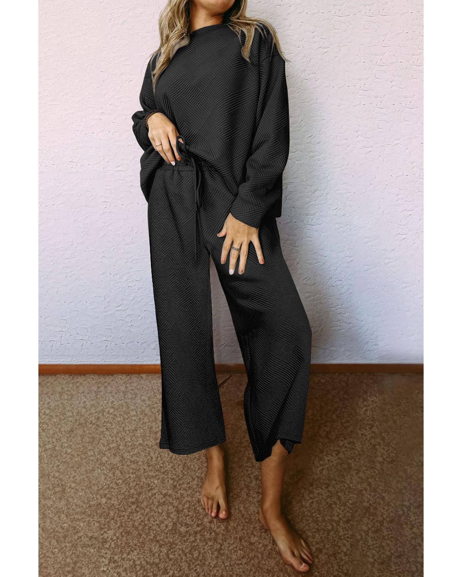 V539-AZEXDC625266-2-S-202506142241-00 Black Ultra Loose Textured 2pcs Slouchy Outfit - S - Image 1
