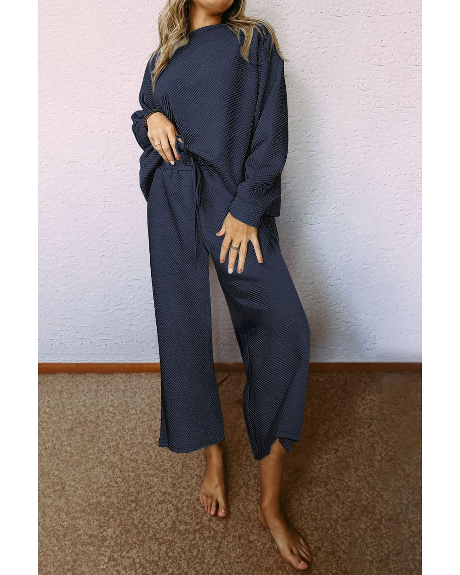 V539-AZEXDC625266-P605-XL-202508302150-00 Navy Blue Ultra Loose Textured 2pcs Slouchy Outfit - XL - Image 1