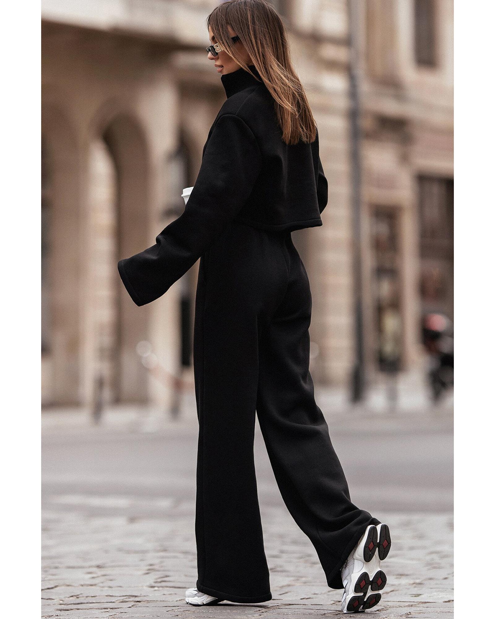 V539-AZEXDC625474-P2-L-202506142011-00 Black Zipped Collared Crop Top and Wide Leg Pants Set - L - Image 1
