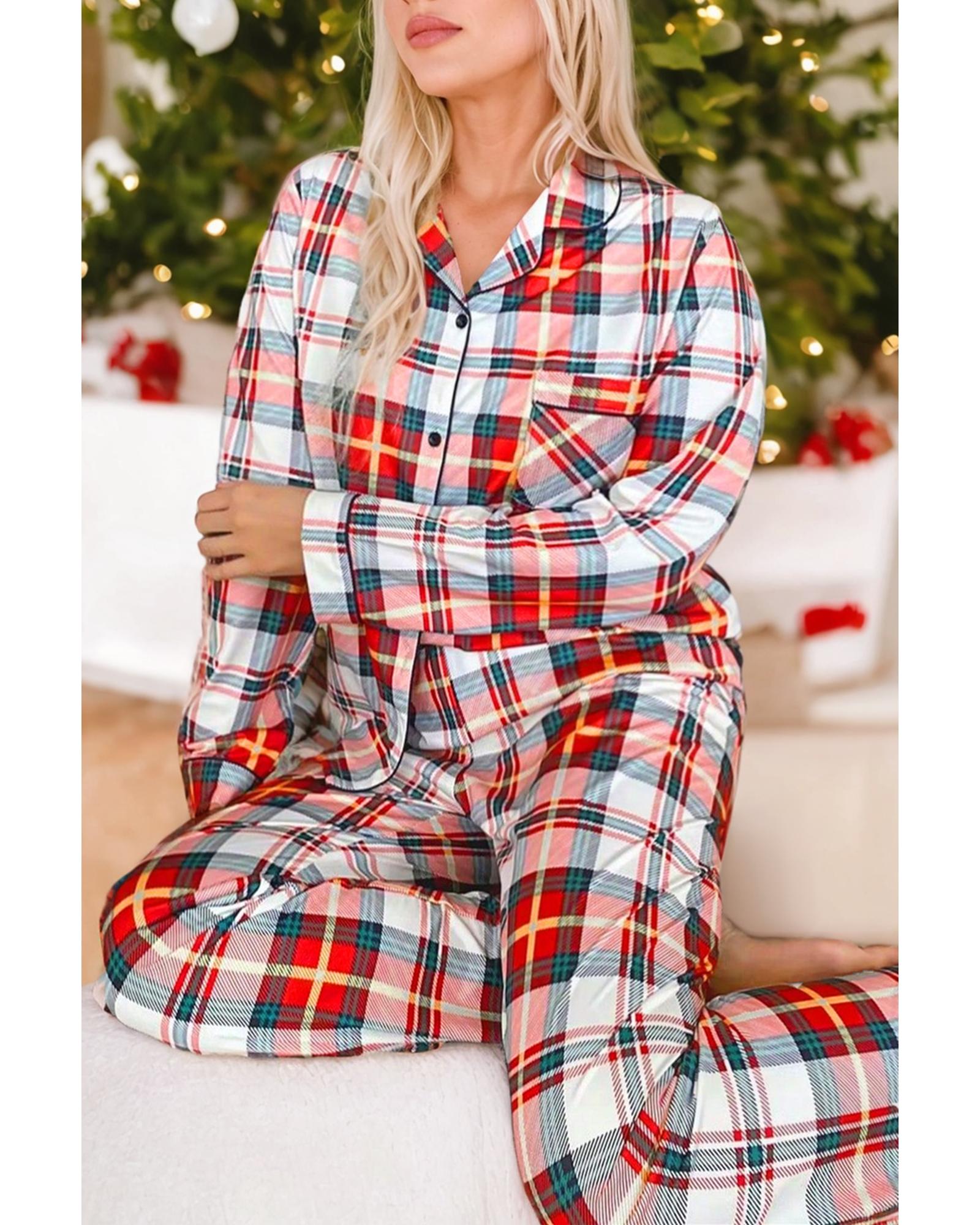 V539-AZEXDC625510-P320-L-202508310055-00 Red Christmas Plaid Print Two Piece Long Sleeve Pajamas Set - L - Image 1