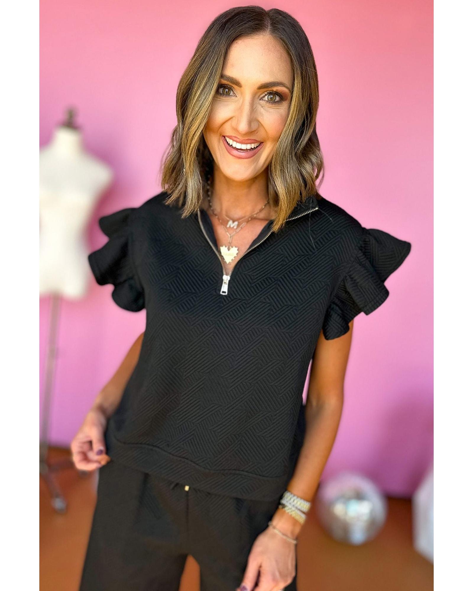 V539-AZEXDC625514-P2-XL-202508301440-00 Black Textured Flutter Sleeve Top Wide Leg Pants Set - XL - Image 1