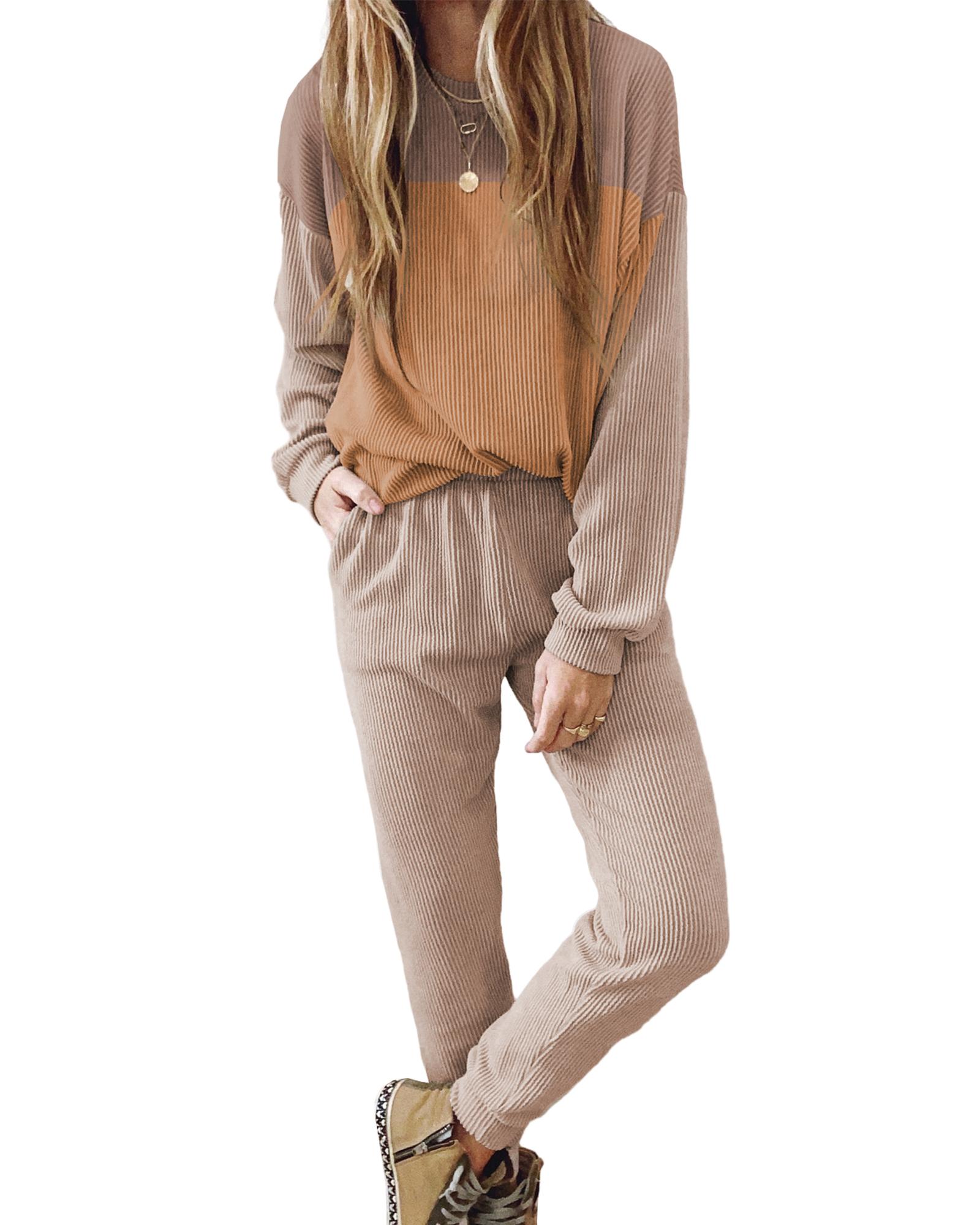 V539-AZEXDC625518-P1722-M-202508301545-00 Brown Corded 2pcs Colorblock Pullover and Pants Outfit - M - Image 1