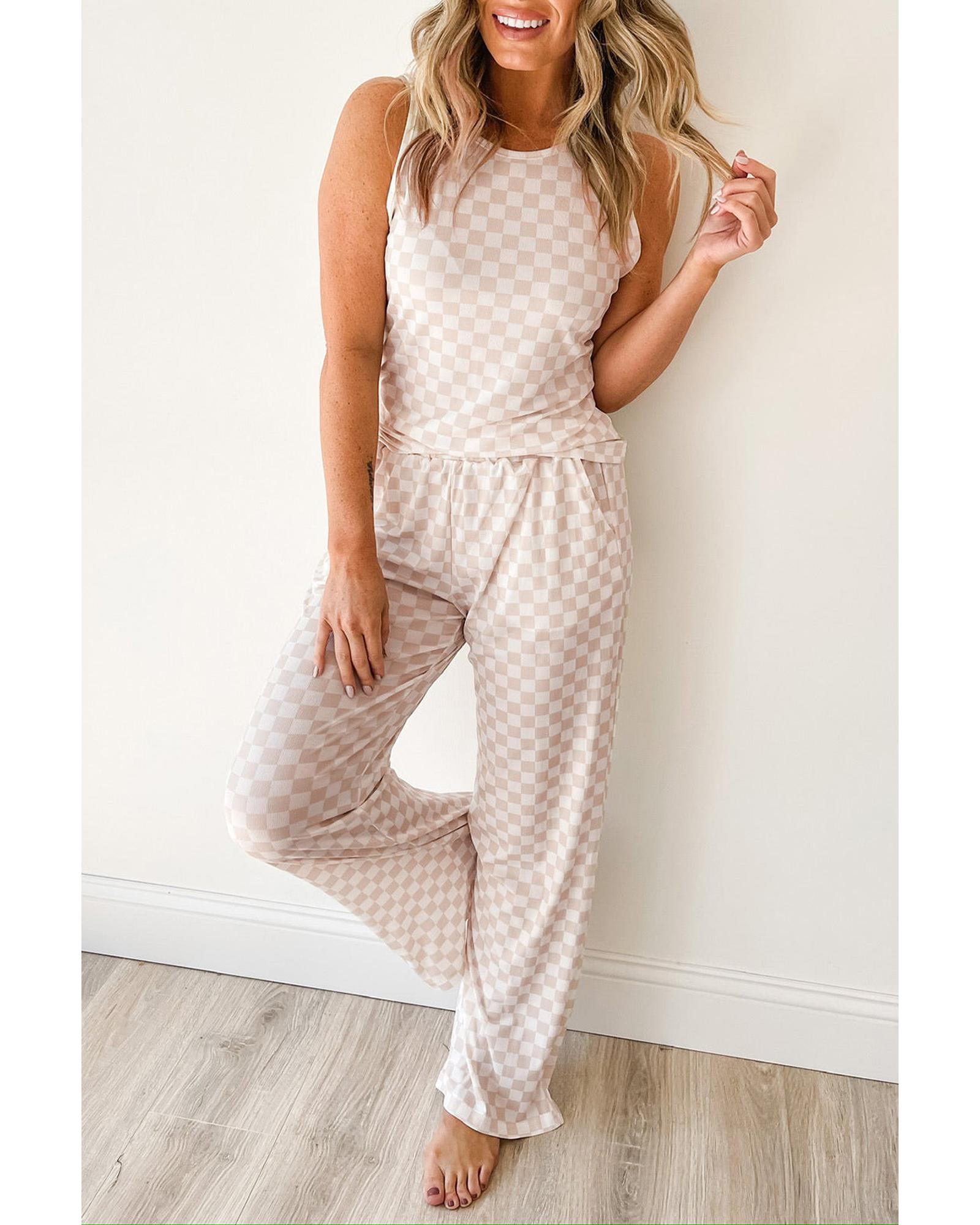 V539-AZEXDC625543-P120-XL-202508280225-00 White Ribbed Texture Checkered Print 2pcs Tank and Pants Set - XL - Image 1