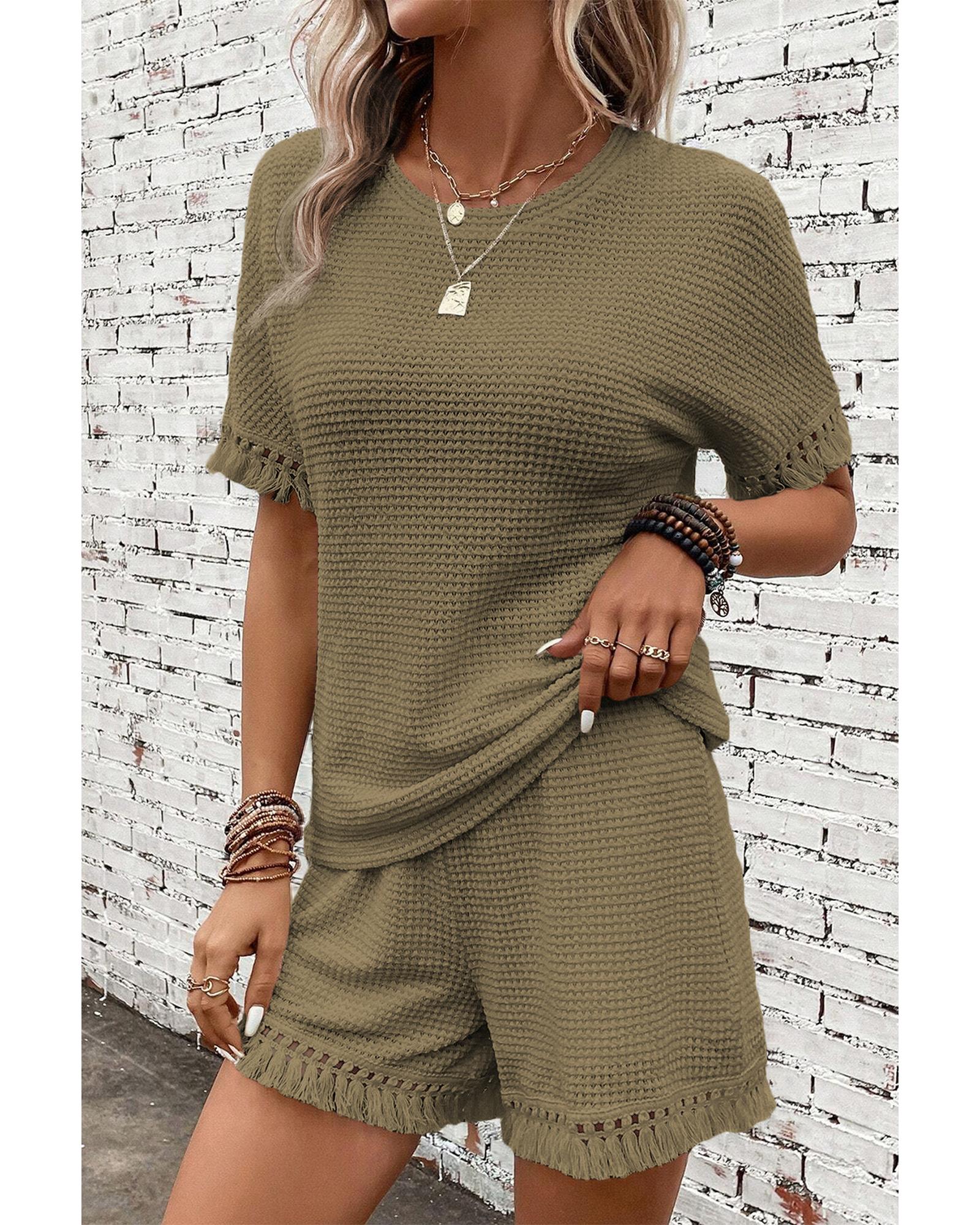 V539-AZEXDC625731-P1209-XL-202508281450-00 Laurel Green Fringe Trim Textured Short Two Piece Set - XL - Image 1